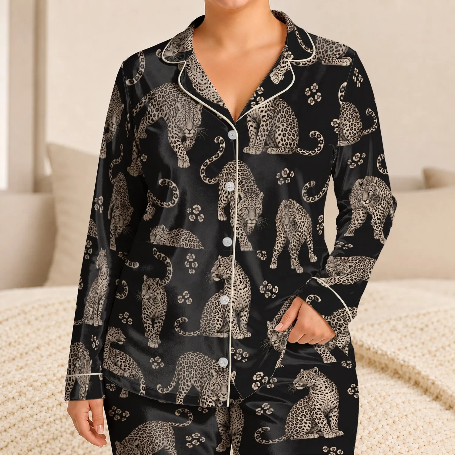 Ivory Spotted Leopard Motif for Cozy Lounging and Relaxed Summer Evenings Satin Pajamas Set - 1