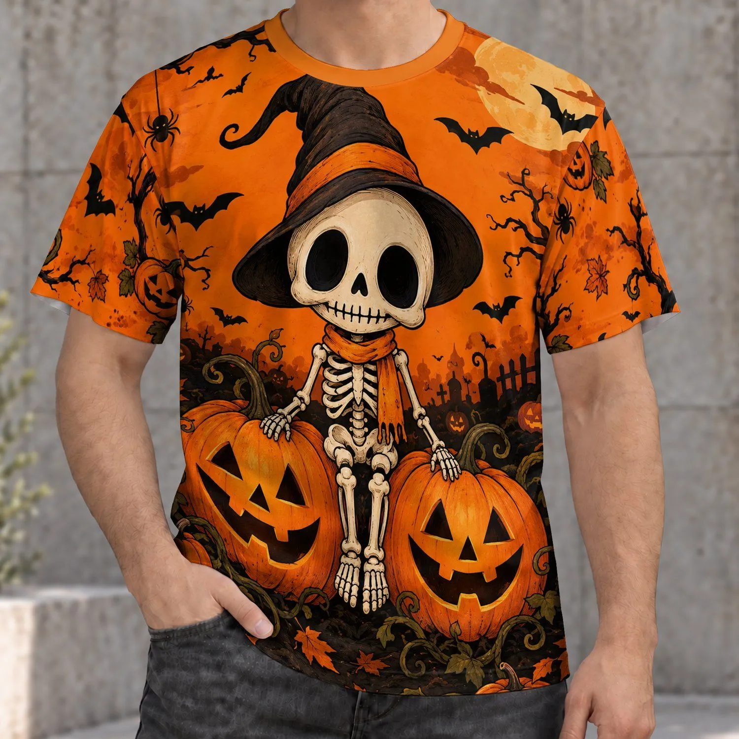 Halloween Skeleton and Jack-o'-Lanterns for Spooky Season Parties and Fall Celebrations All-over Print Unisex T-shirt - 1