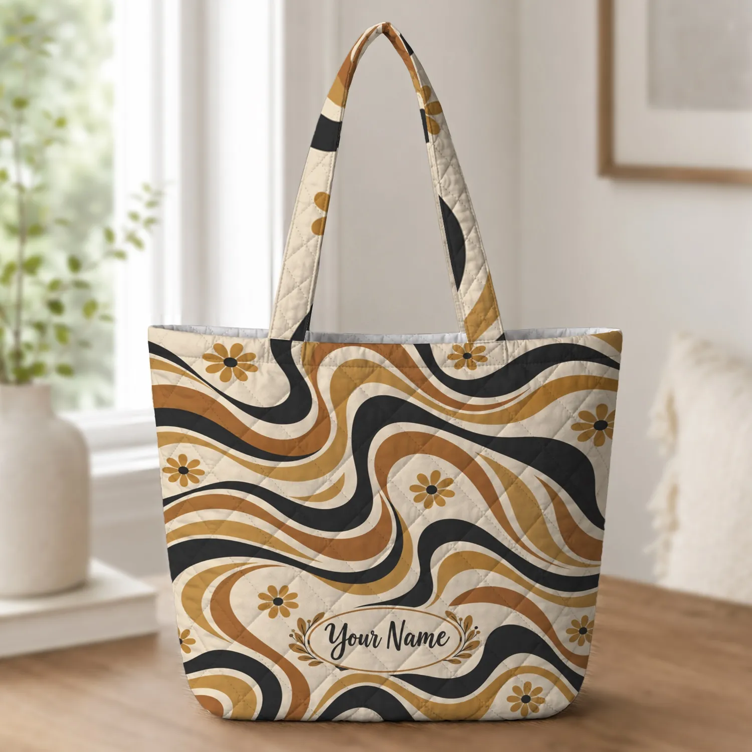 Bohemian Swirl And Daisy Motifs For Sunny Beach Days And Relaxed Coastal Getaways Quilted Tote Bag - 1