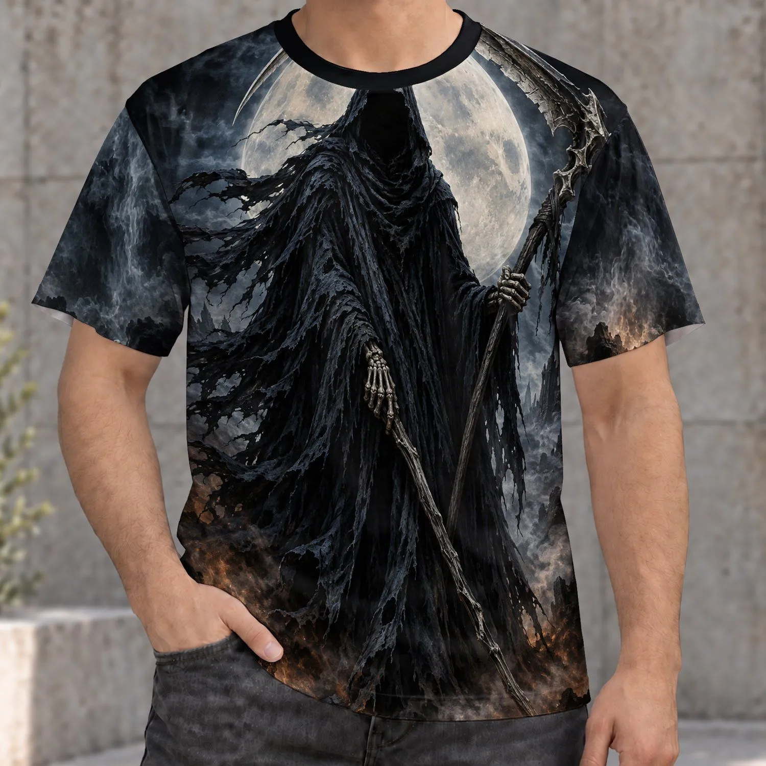 Hooded Reaper Under Full Moon for Dark Fantasy Nights and Horror Fans All-over Print Unisex T-shirt - 1