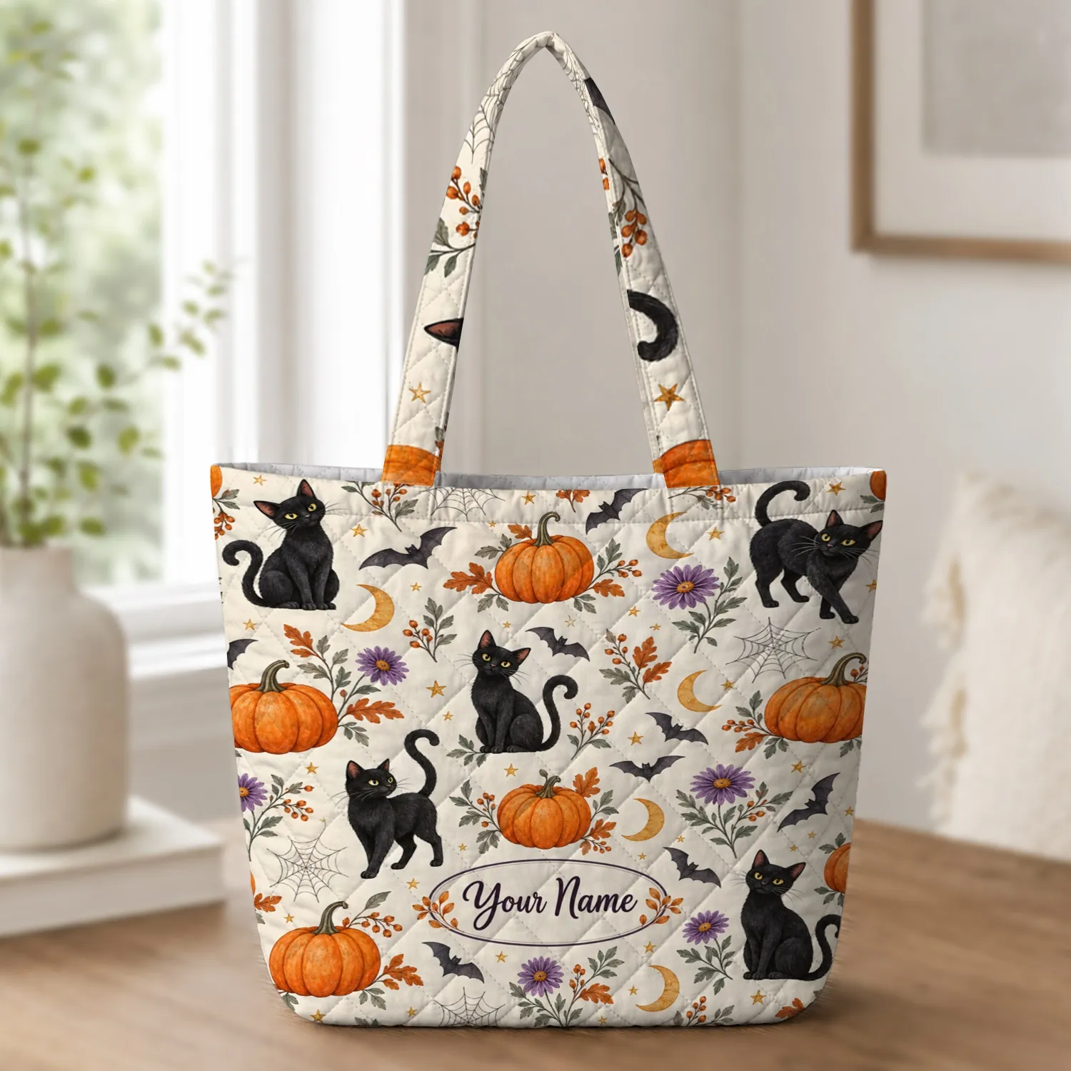 Halloween Pumpkins, Black Cats and Moon Motifs for Autumn Gatherings and Fall Gifts Quilted Tote Bag - 1