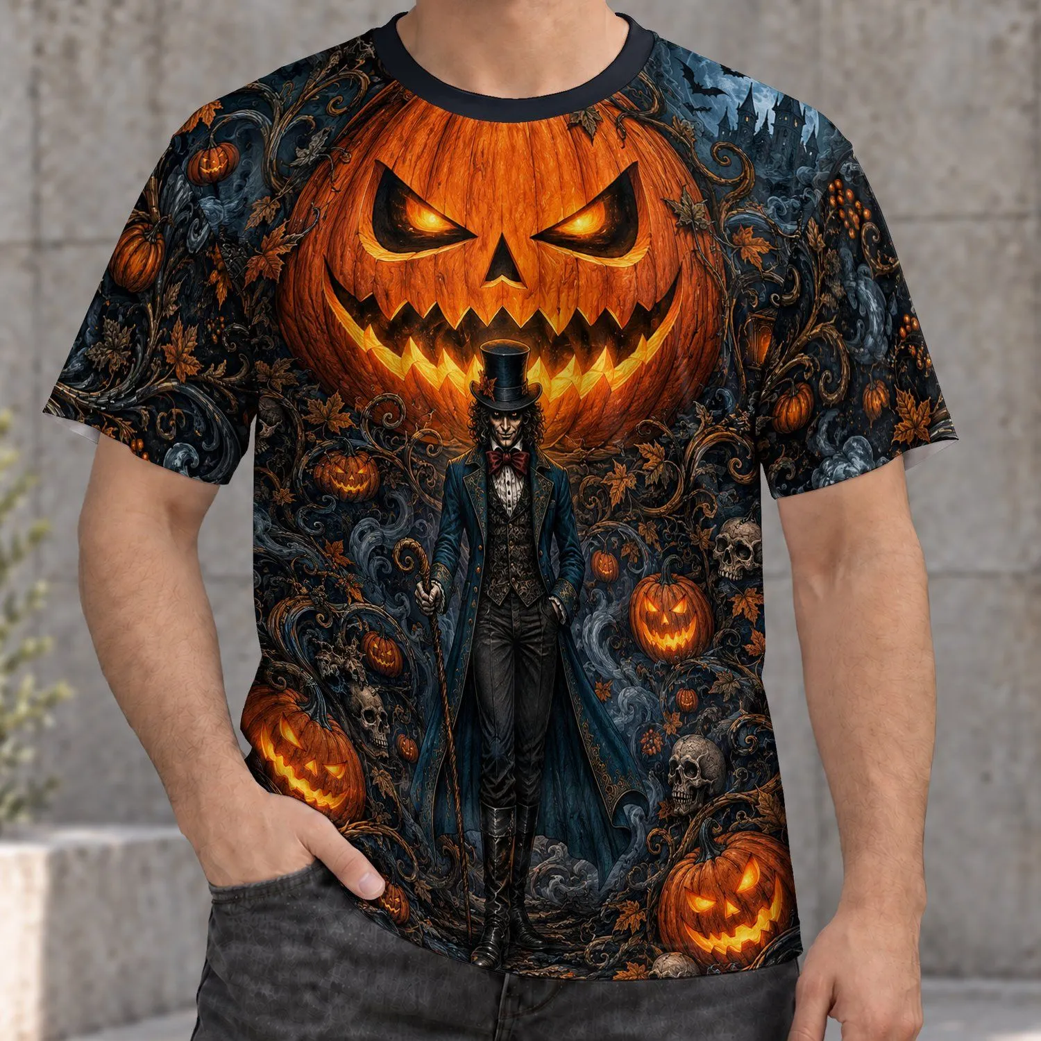 Glowing Jack-O'-Lantern And Victorian Vampire Halloween Party Spooky Night Gathering All-over Print Unisex T-shirt - 1