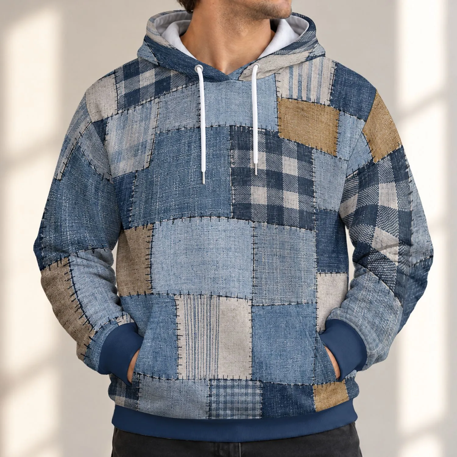 Blue Denim Patchwork Checks For Creative Weekends And Casual Wear Rust Accents All-over Print Hoodie (Lightweight) - 1