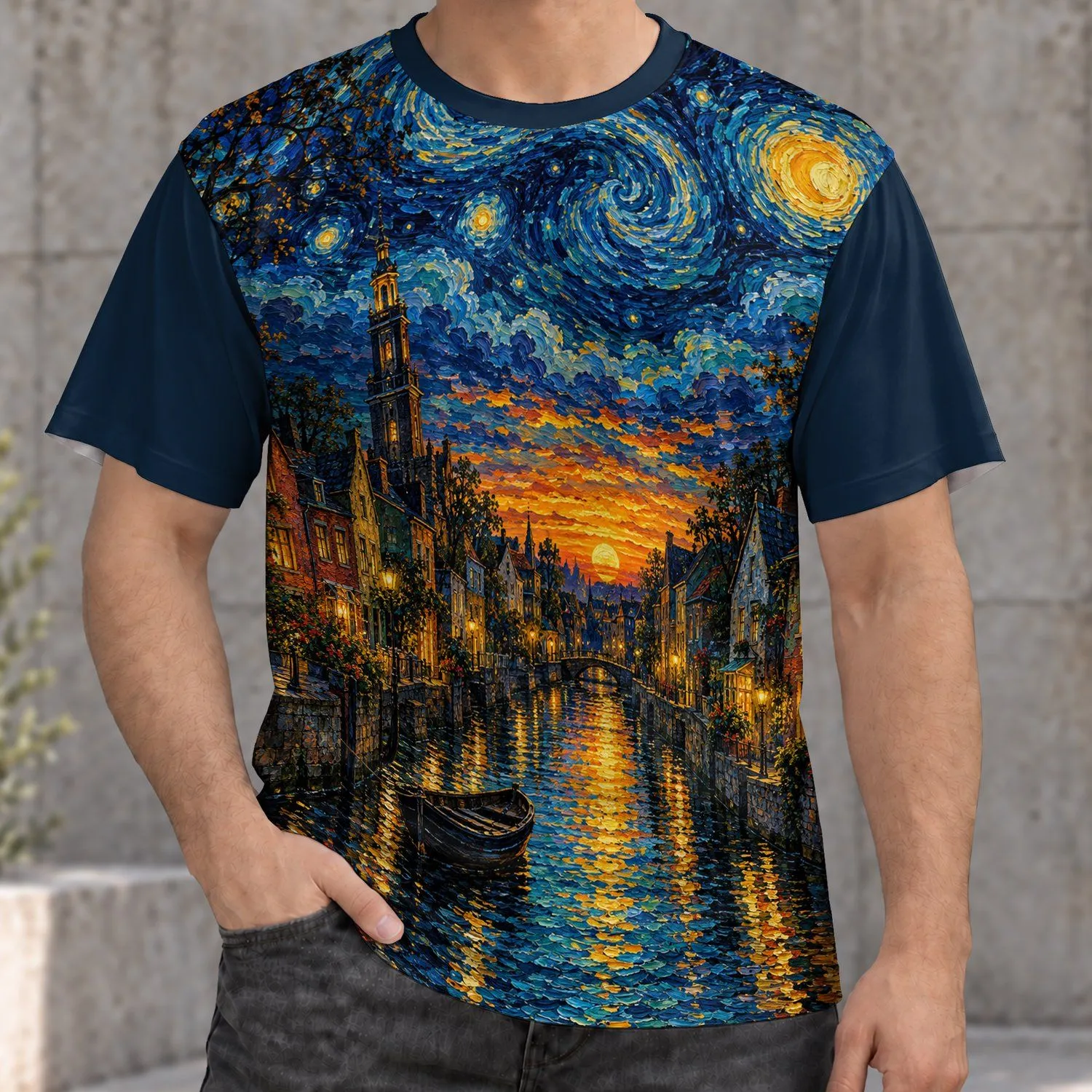 Swirling Starry Sky Over Canal Town For Evening Strolls And Artful Escapes All-over Print Unisex T-shirt - 1