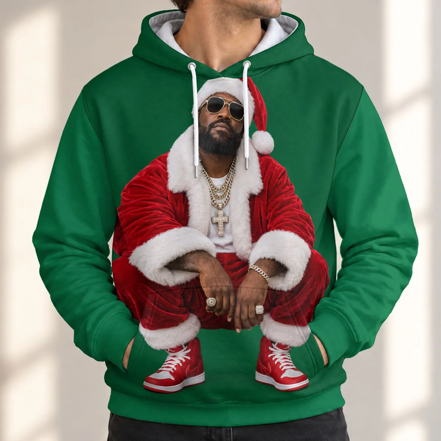 Cool Santa Figure in Red Velvet for Christmas Parties and Casual Winter Holiday Wear All-over Print Hoodie (Lightweight) - 1