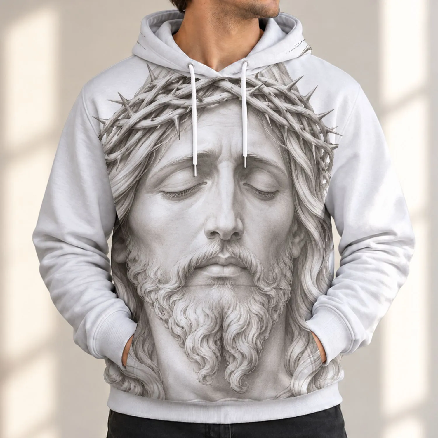 Monochrome Crown Of Thorns Portrait For Quiet Faith And Everyday Spiritual Lifestyle All-over Print Hoodie (Lightweight) - 1