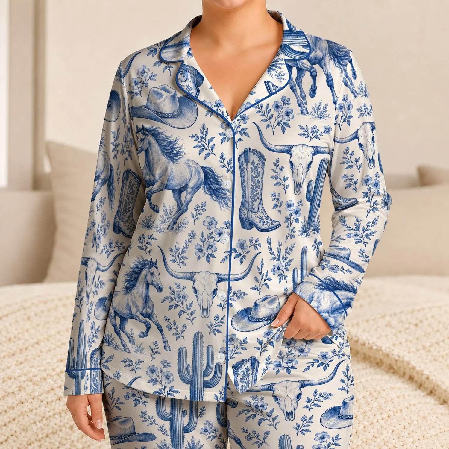 Blue Western Horses, Cacti and Cowboy Hats for Cozy Ranch Nights and Cowgirl Escapes Satin Pajamas Set - 1