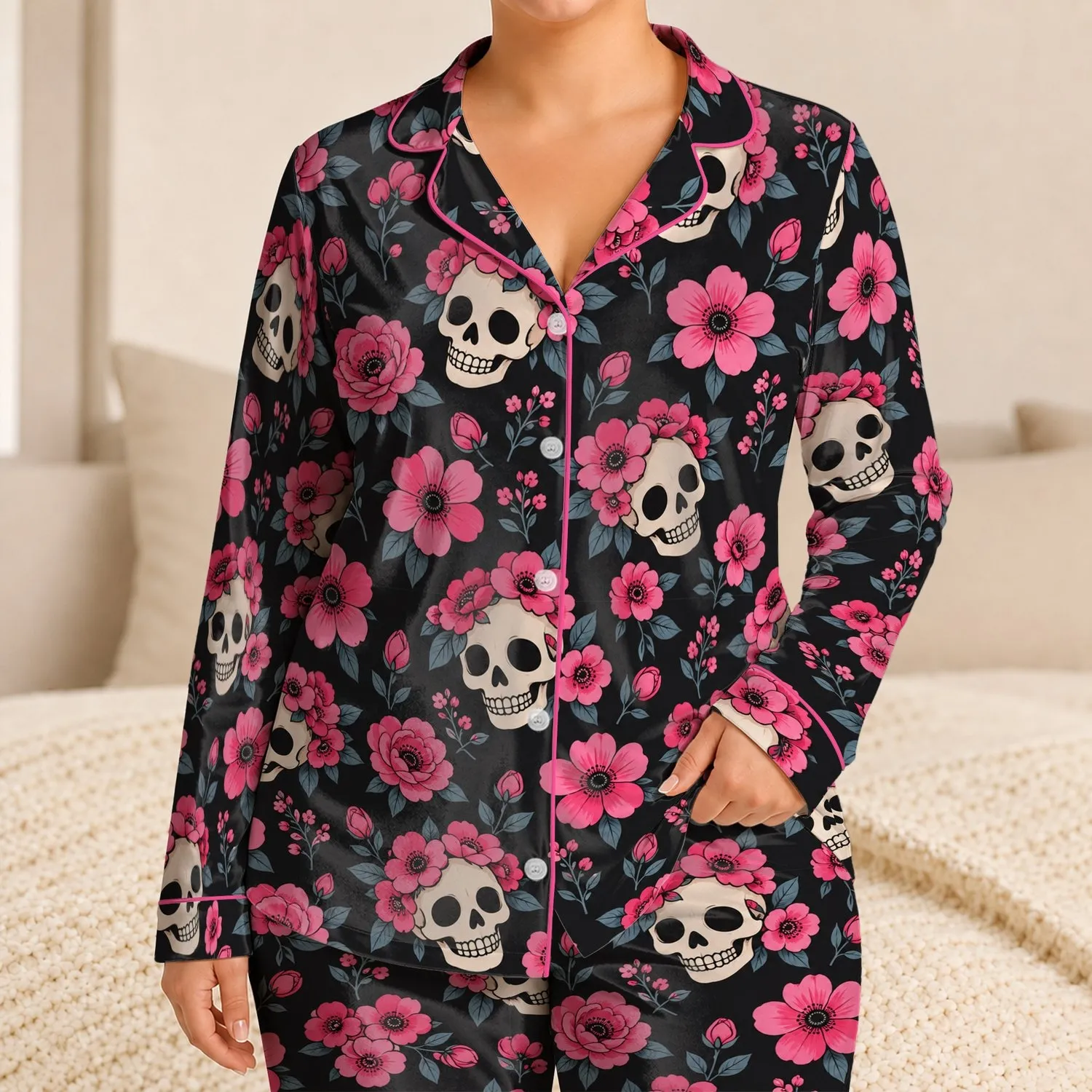 Pink Skull And Blossom Motifs For Cozy Gothic Lounge Style And Relaxed Evenings Satin Pajamas Set - 1