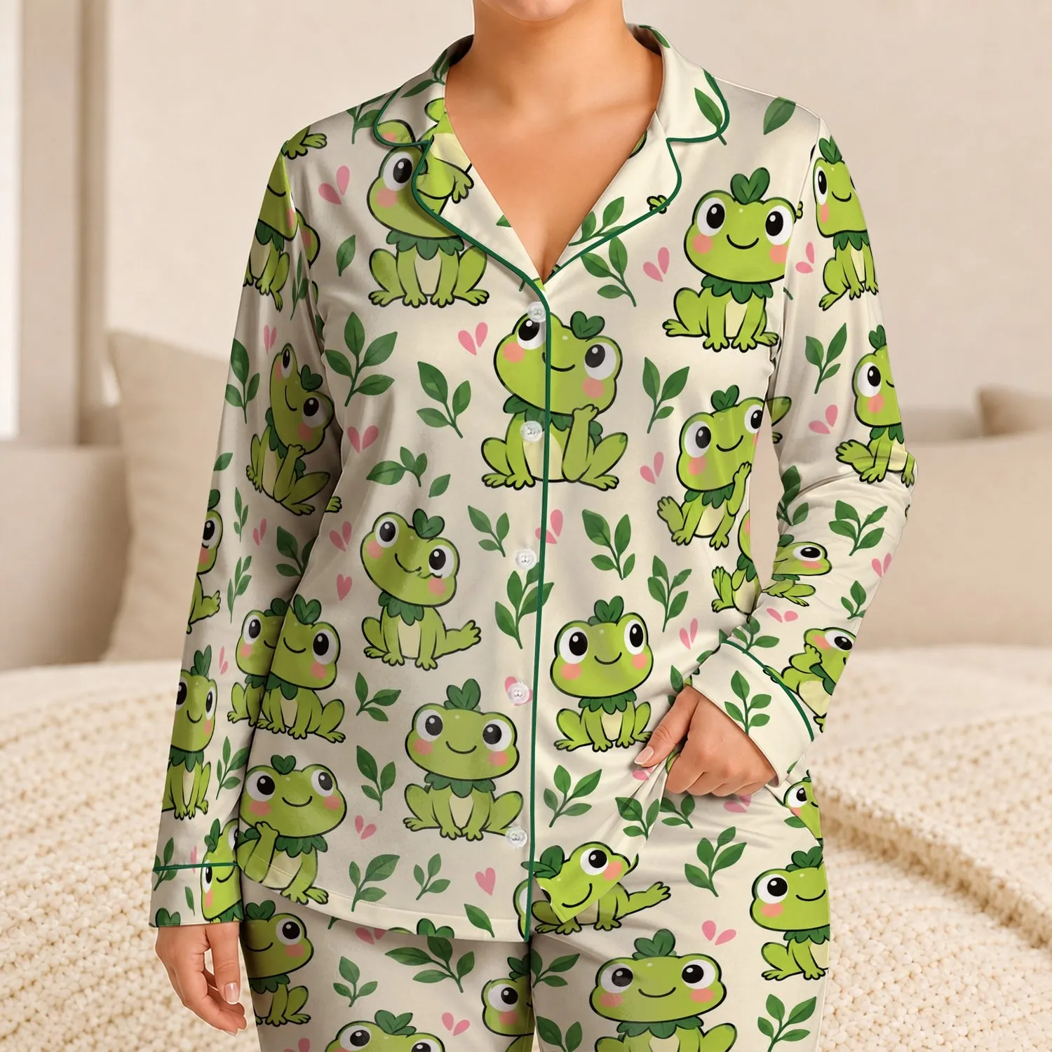 Cheerful Lime Green Frog Faces for Cozy Lounging and Whimsical All-Season Gift Giving Satin Pajamas Set - 1