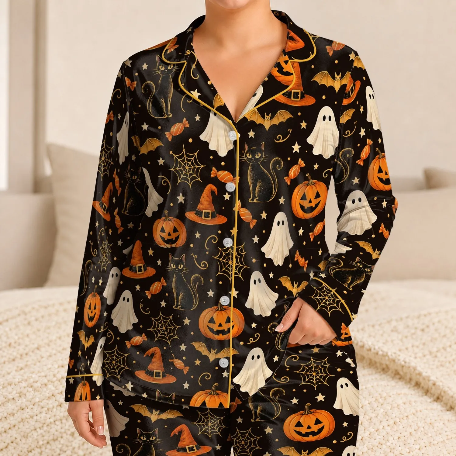 Halloween Bats, Black Cats & Jack-o'-Lanterns for Cozy October Nights and Witchy Gifts Satin Pajamas Set - 1