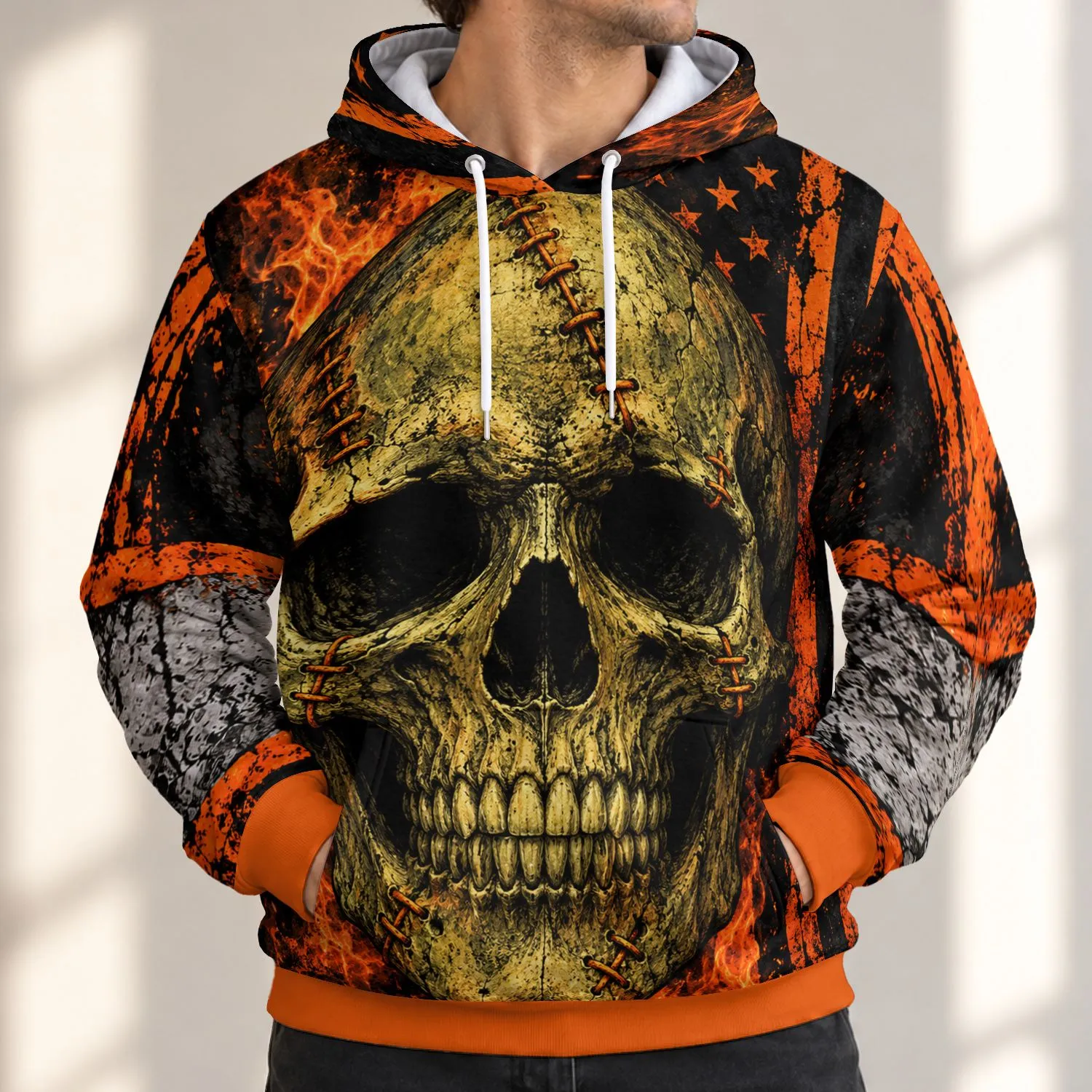 Orange Flame Skull and Star Field for Biker Rides and Rugged Casual Wear for Men All-over Print Hoodie (Lightweight) - 1