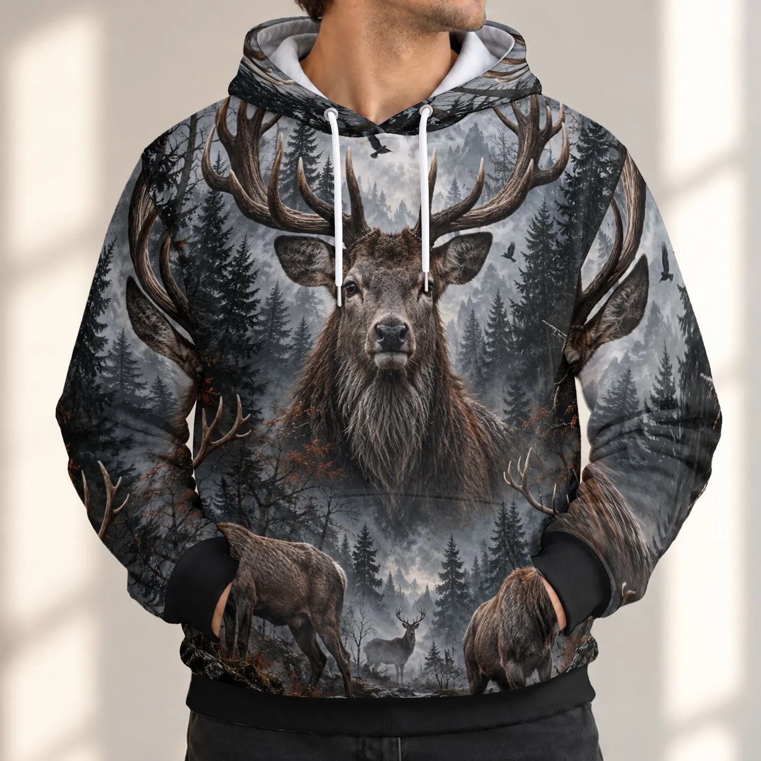 Dark Forest Stags and Flying Birds for Camping, Hunting, Outdoor Adventures and Hiking All-over Print Hoodie (Lightweight) - 1