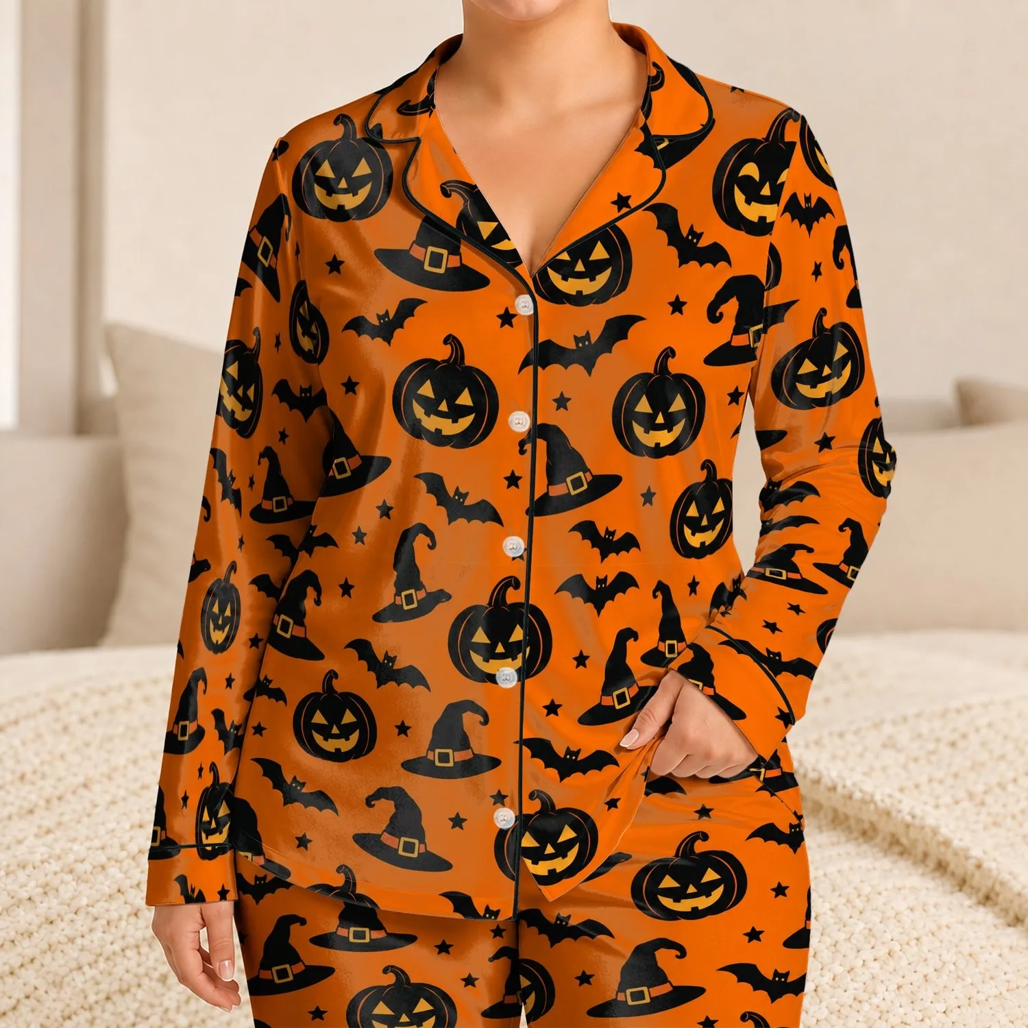 Halloween Pumpkins, Witch Hats and Bats for Cozy October Nights and Seasonal Gifting Satin Pajamas Set - 1