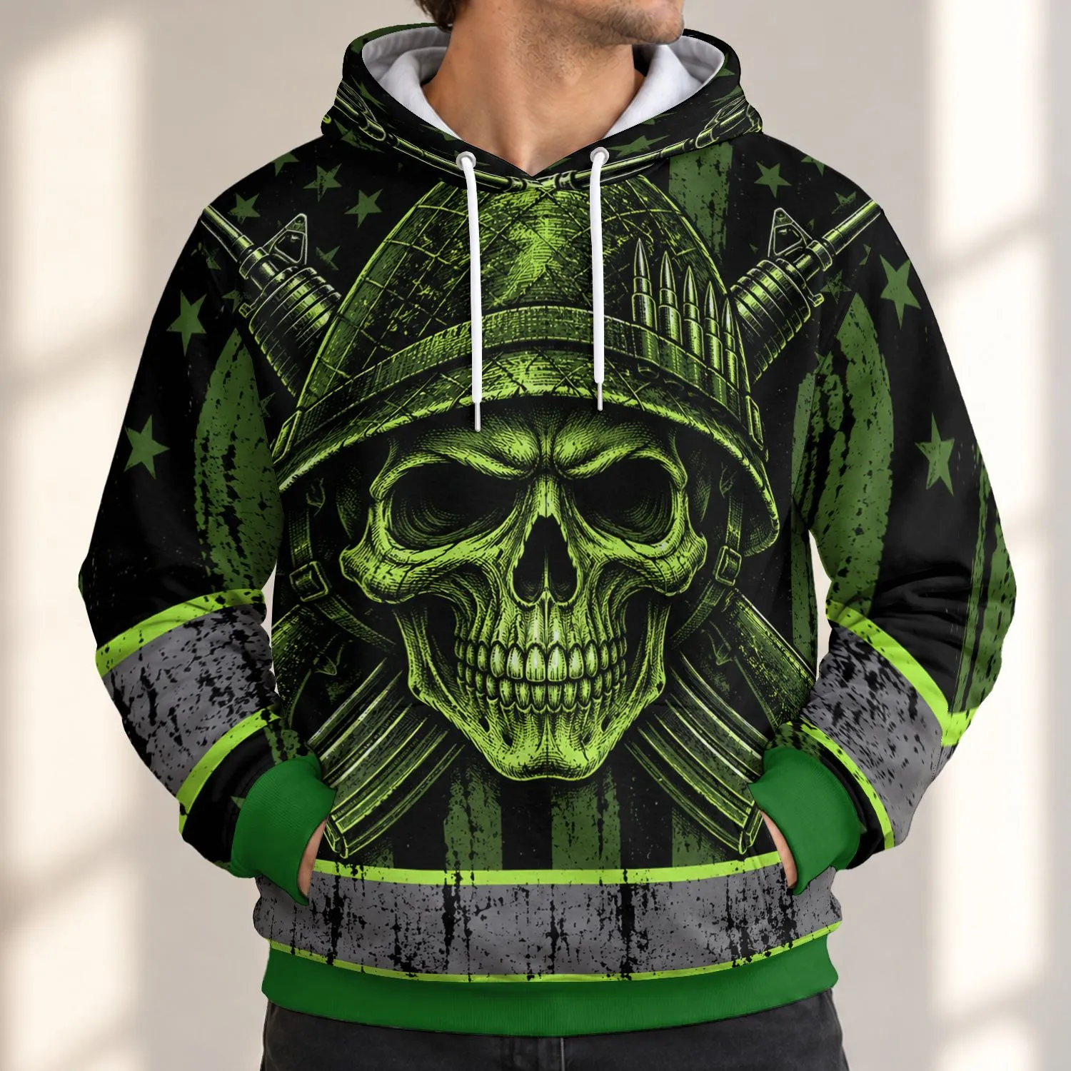 Green Skull Soldier Emblem for Outdoor Workwear and Tactical Casual Style All-over Print Hoodie (Lightweight) - 1
