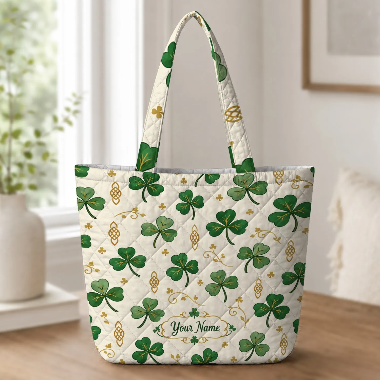 Irish Shamrock Celtic Knot Motifs for St. Patrick’s Day Travel and Everyday Shopping Quilted Tote Bag - 1