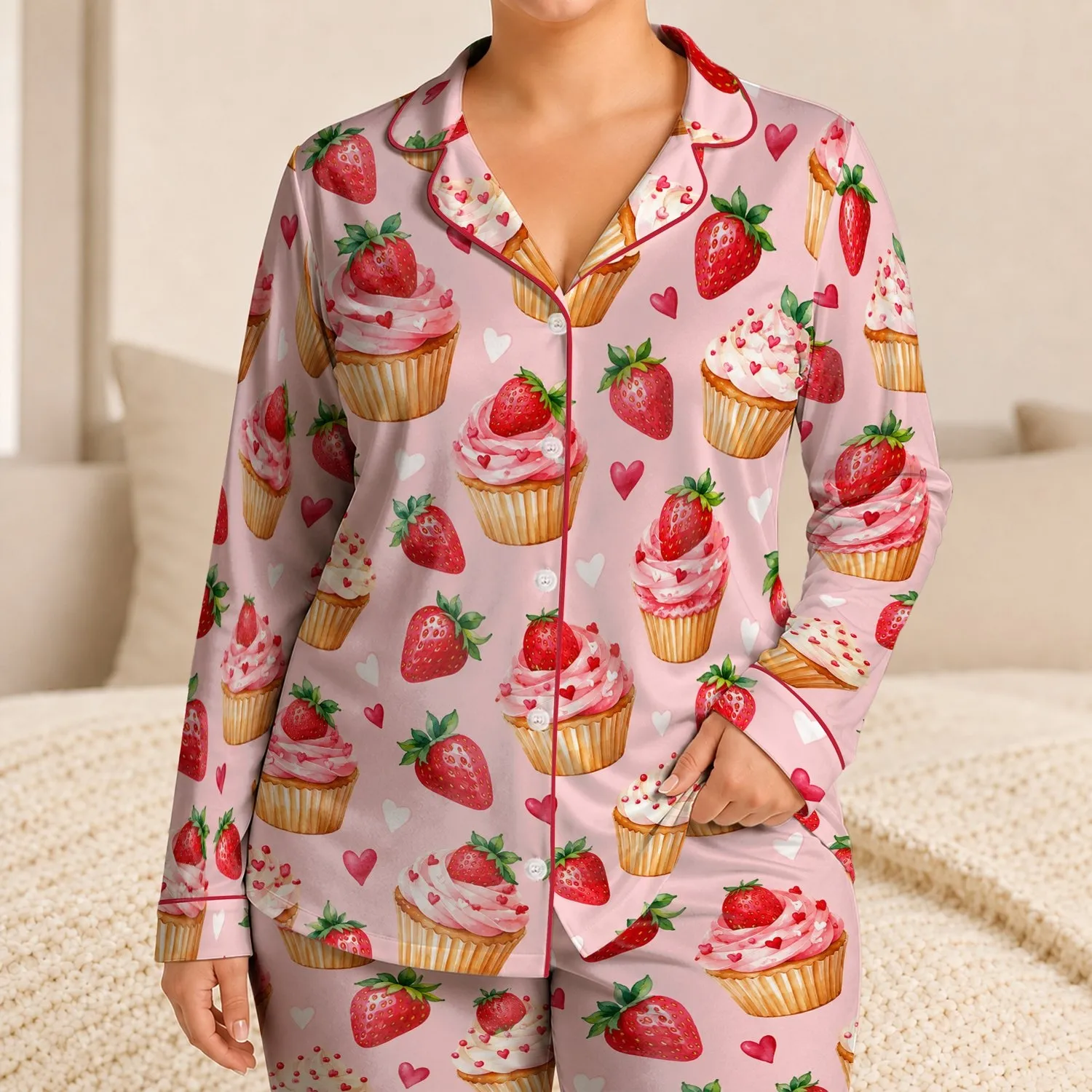 Strawberry Cupcakes And Fresh Berries For Cozy Summer Mornings And Sweet Treat Lovers Satin Pajamas Set - 1