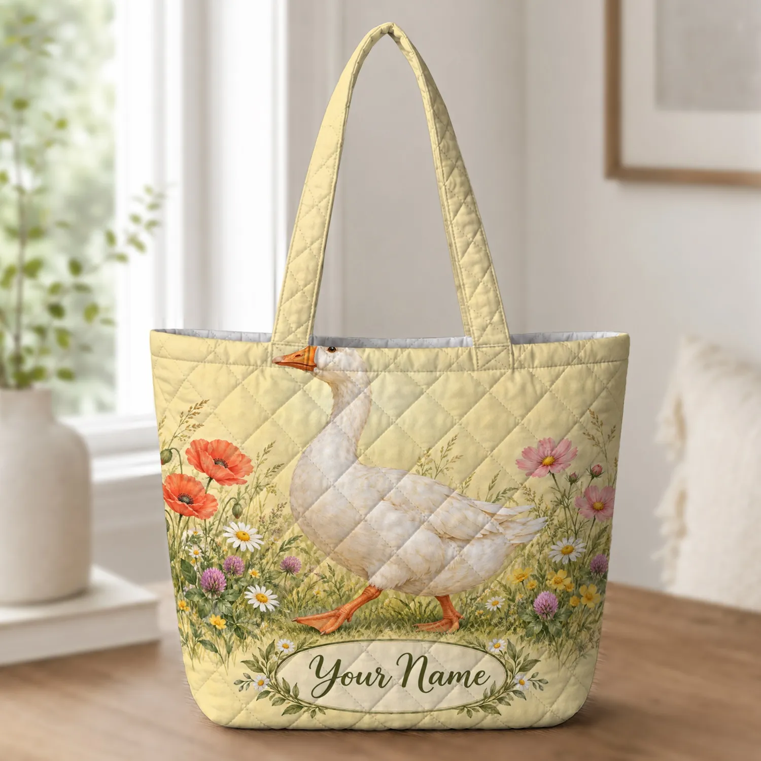 White Goose in a Wildflower Meadow for Cottagecore Garden Lovers and Nature Gifts Quilted Tote Bag - 1