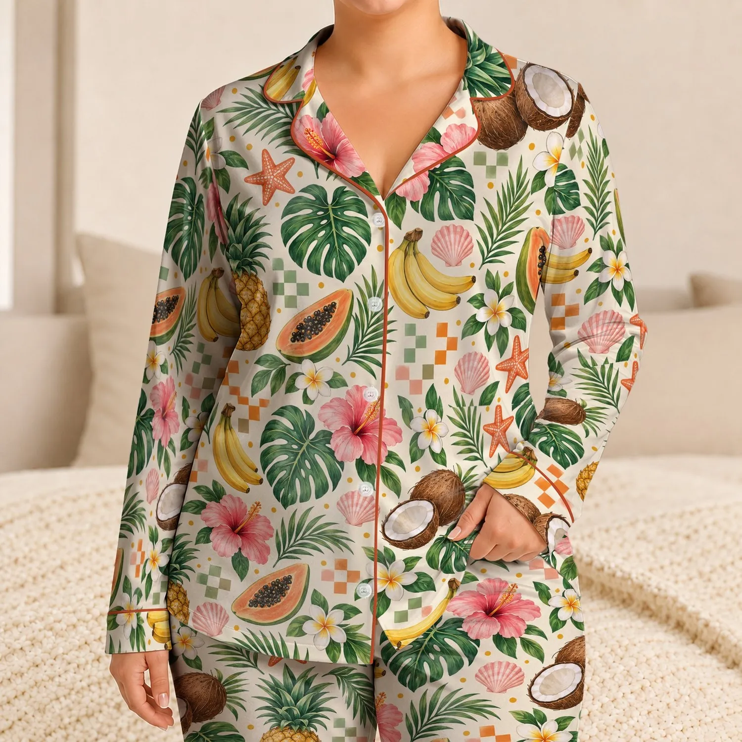 Tropical Pineapple Hibiscus and Coconut Motifs for Relaxed Summer Getaways Satin Pajamas Set - 1