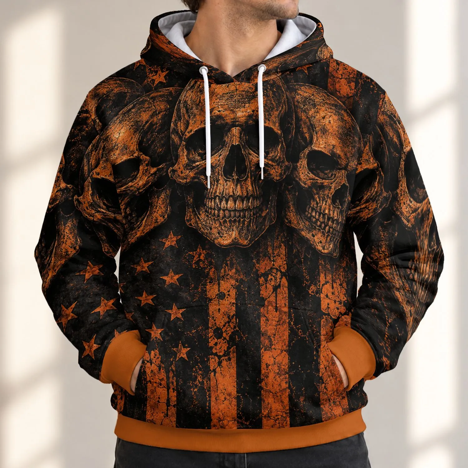 Orange-Brown Skull and Star Stripes for Rugged Commutes and Outdoor Weekend Wear All-over Print Hoodie (Lightweight) - 1