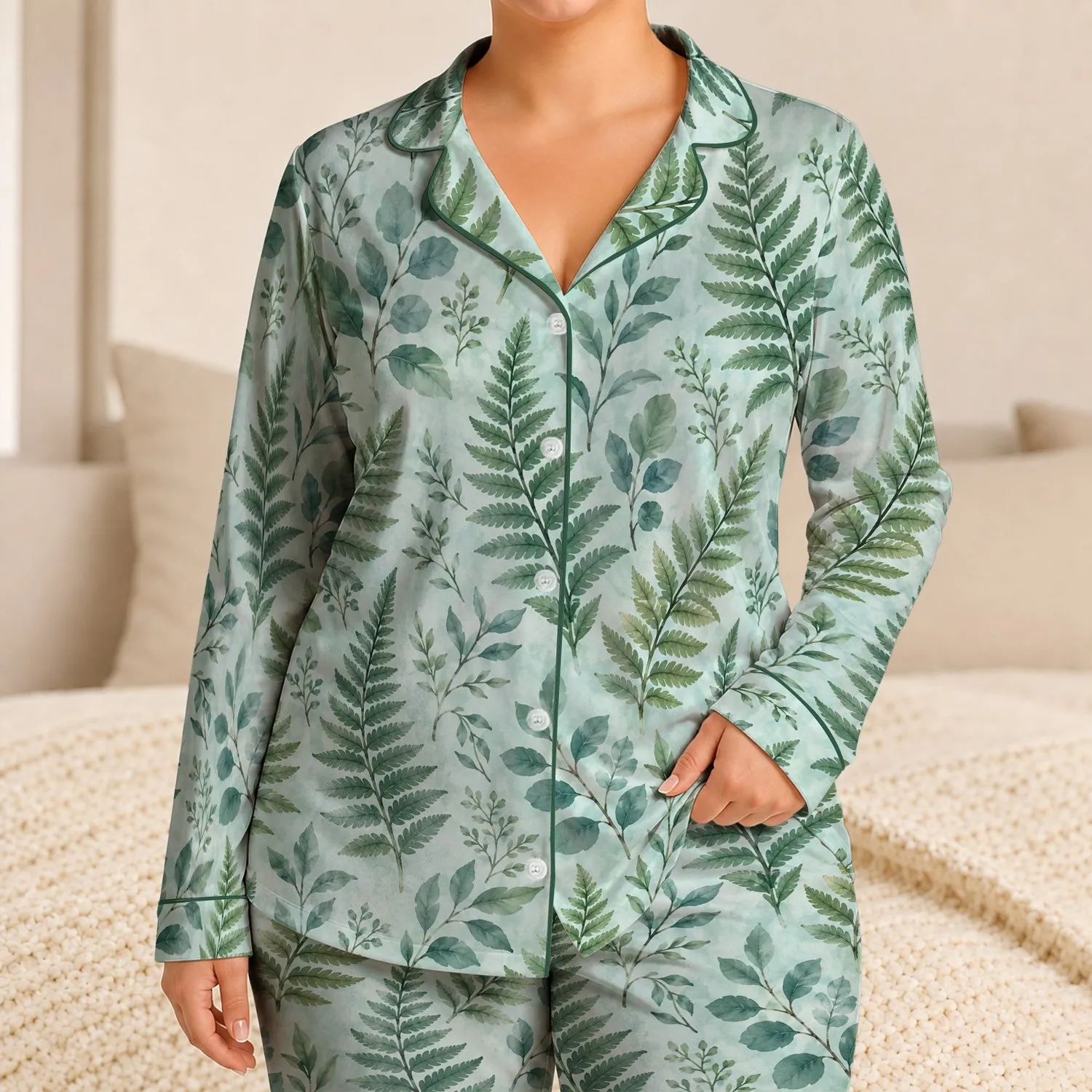 Watercolor Fern Leaves for Calm Evenings and Relaxing Home Comfort Satin Pajamas Set - 1