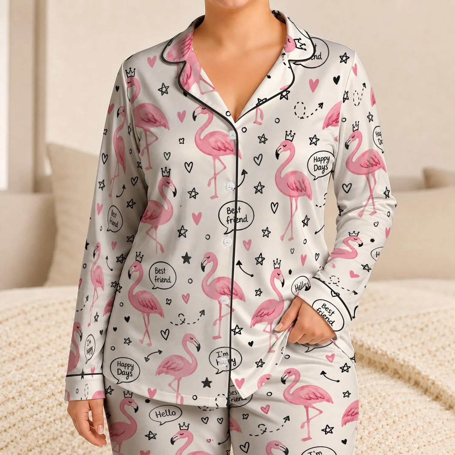 Pink Flamingos with Happy-Day Doodles for Cheerful Summer Lounging and Gifting Satin Pajamas Set - 1