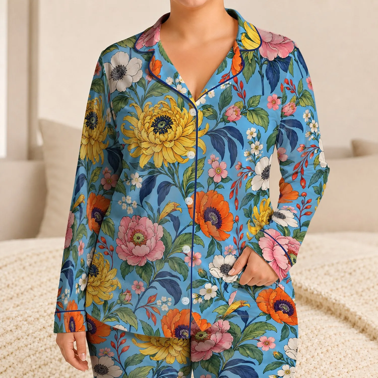 Colorful Botanical Blooms for Relaxed Evenings and Cheerful At-Home Style for Her Satin Pajamas Set - 1