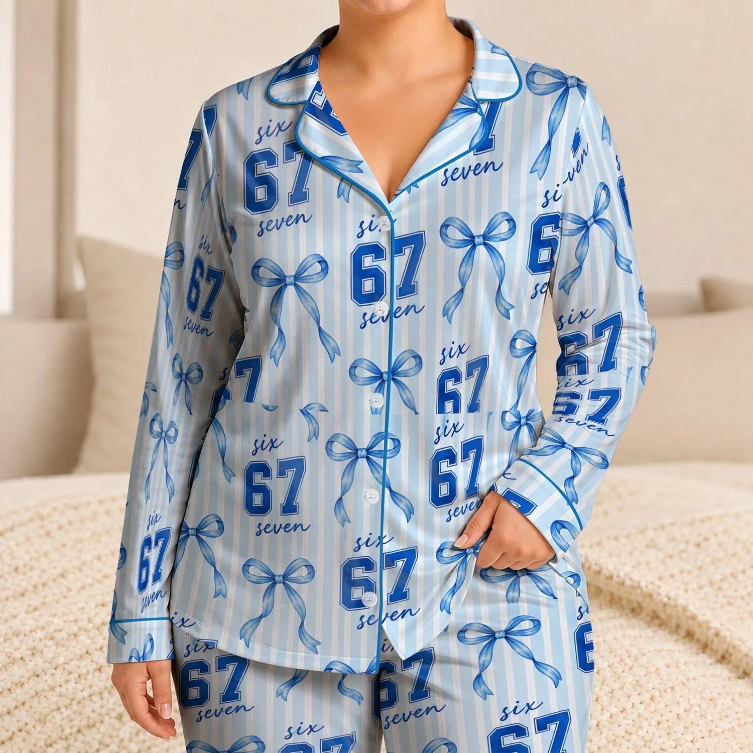 Blue Six Seven Number Stripes for Playful Birthday Lounging and Cozy Gift Giving Satin Pajamas Set - 1