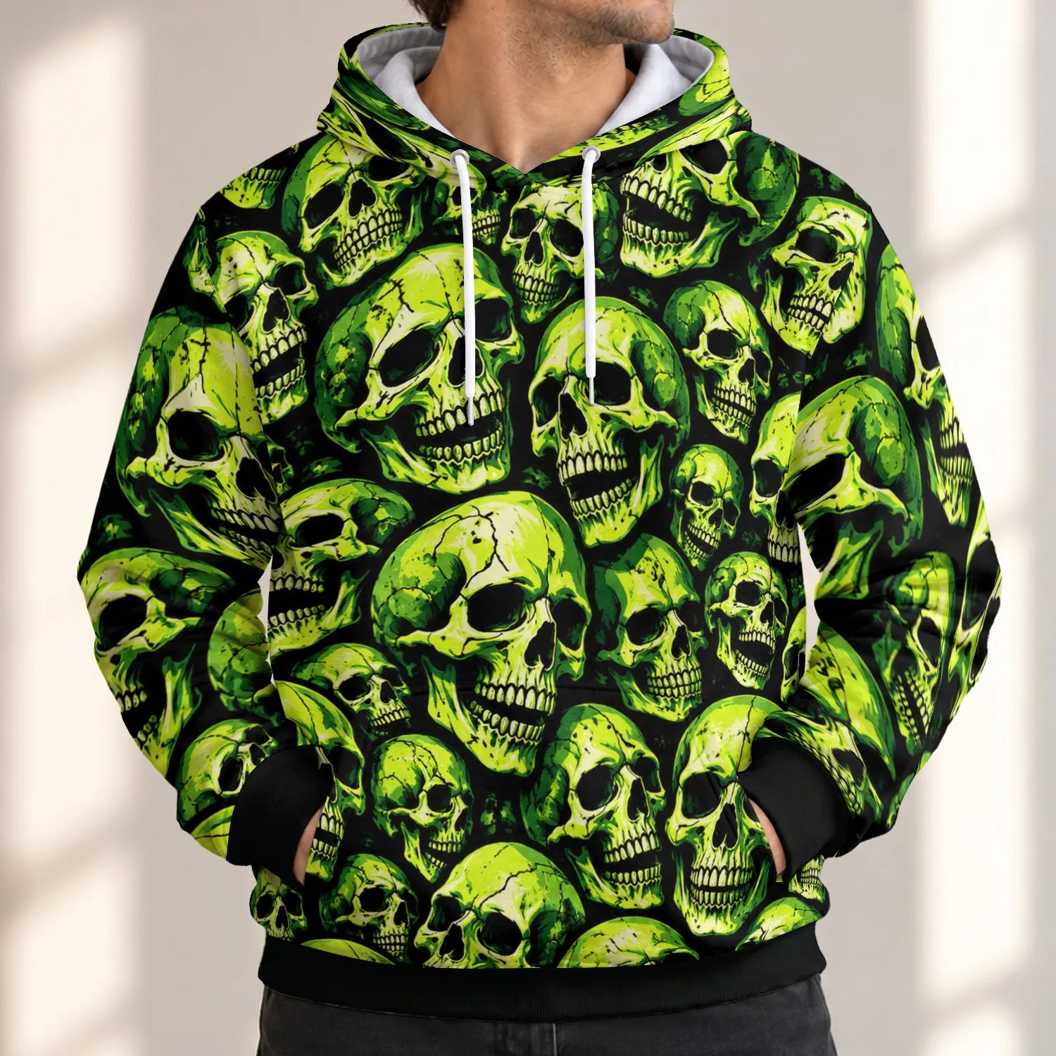 Neon Green Skull Motif for Bold Streetwear Looks and Alternative Casual Style All-over Print Hoodie (Lightweight) - 1