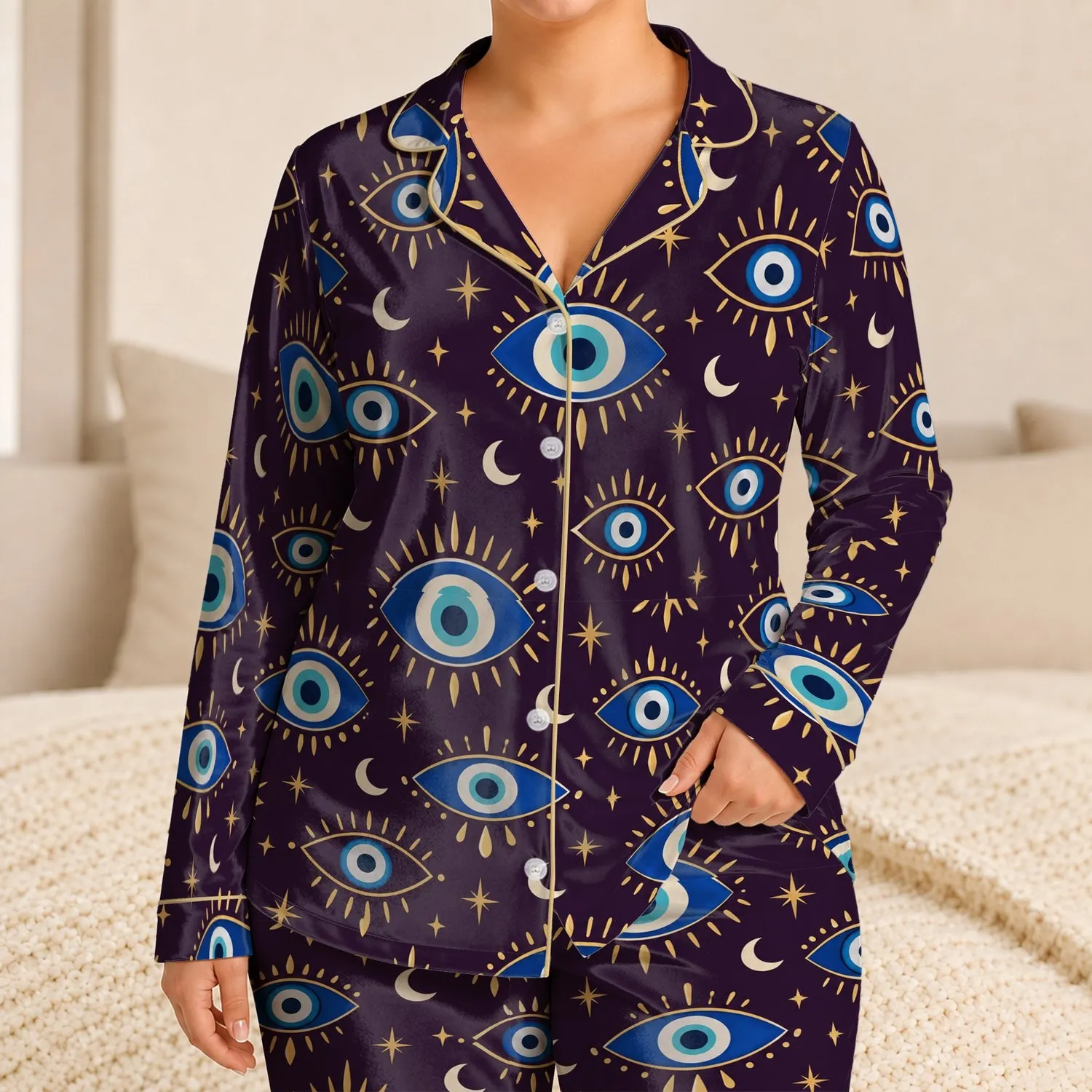 Blue Evil Eye Celestial Motifs for Dreamy Summer Nights and Relaxed Everyday Style Satin Pajamas Set - 1
