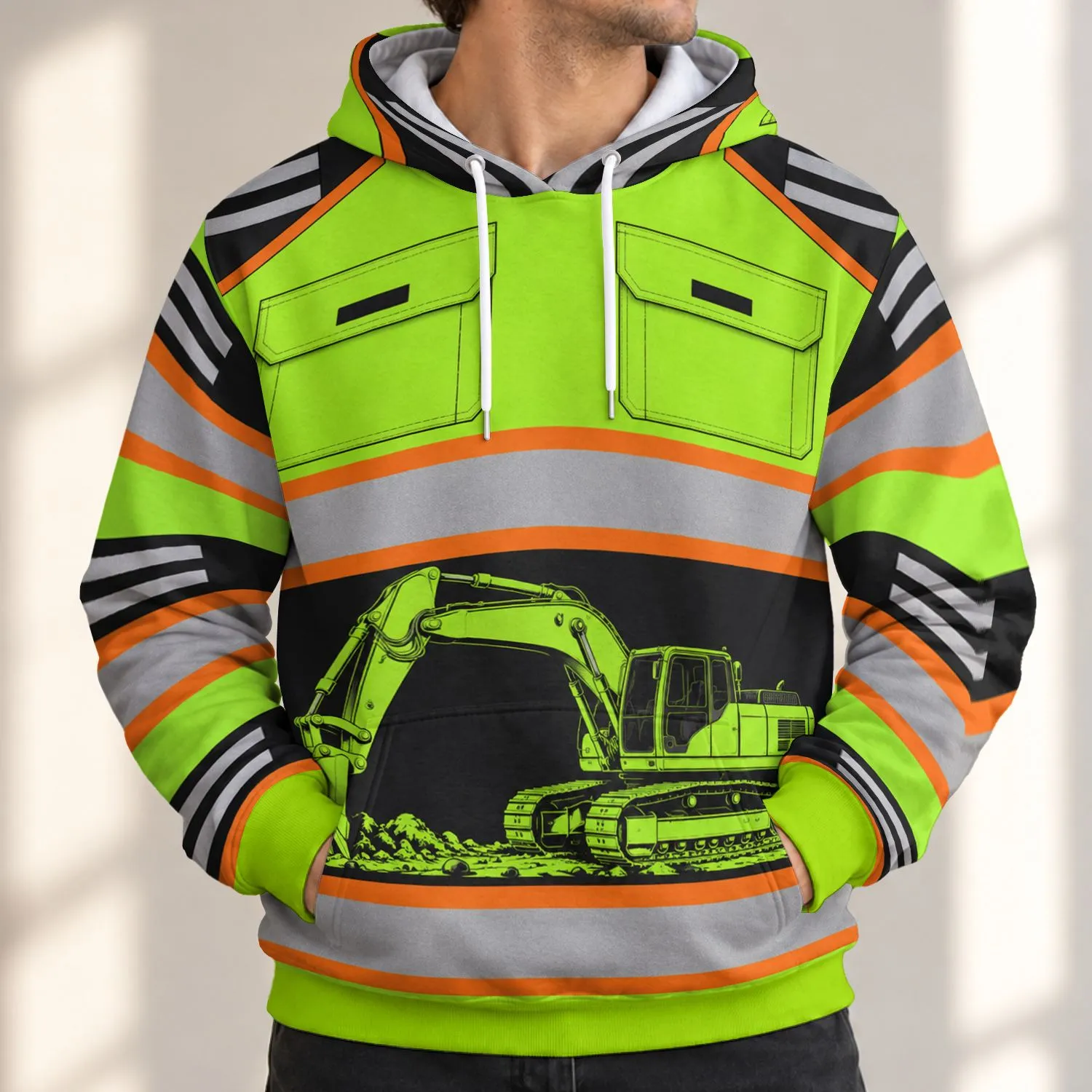 Fluorescent Excavator Workwear for Construction Sites and Outdoor Projects All-over Print Hoodie (Lightweight) - 1