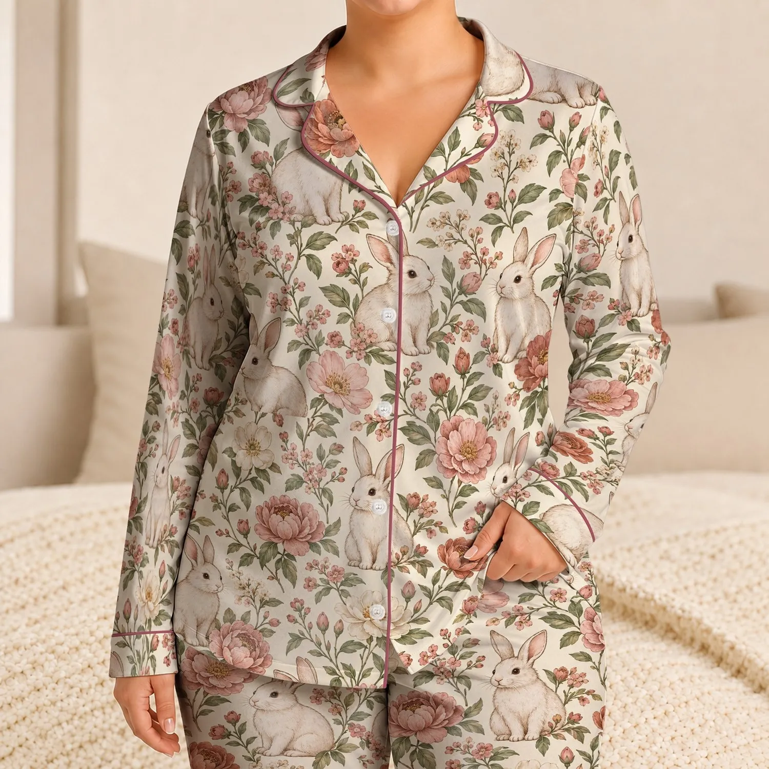 Blush Rabbit and Wildflower Garden for Cozy Springtime Lounging and Relaxed Evenings Satin Pajamas Set - 1