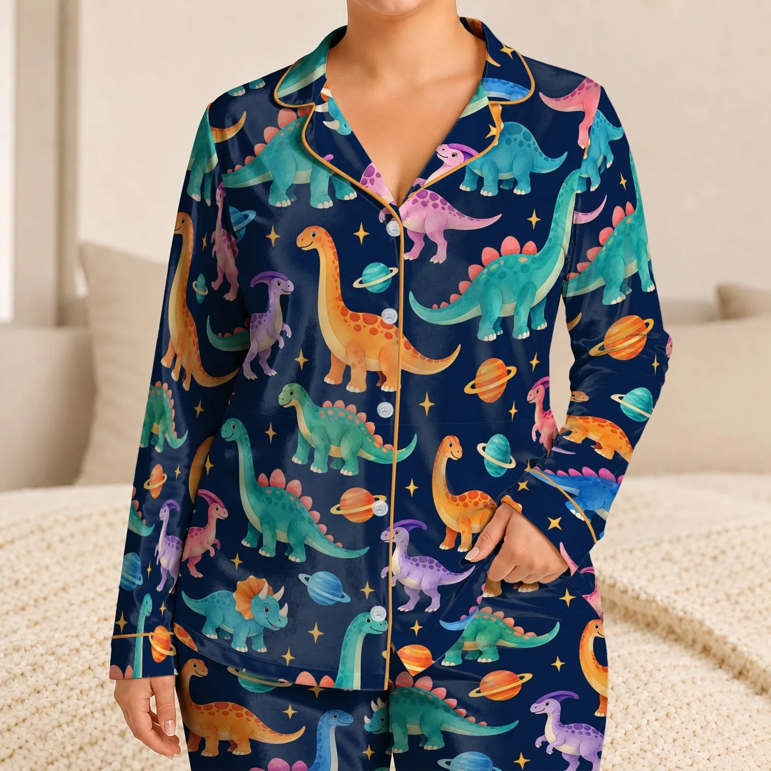 Colorful Dinosaur Night Sky Motifs for Cozy Summer Evenings and Travel Satin Pajamas Set - 1