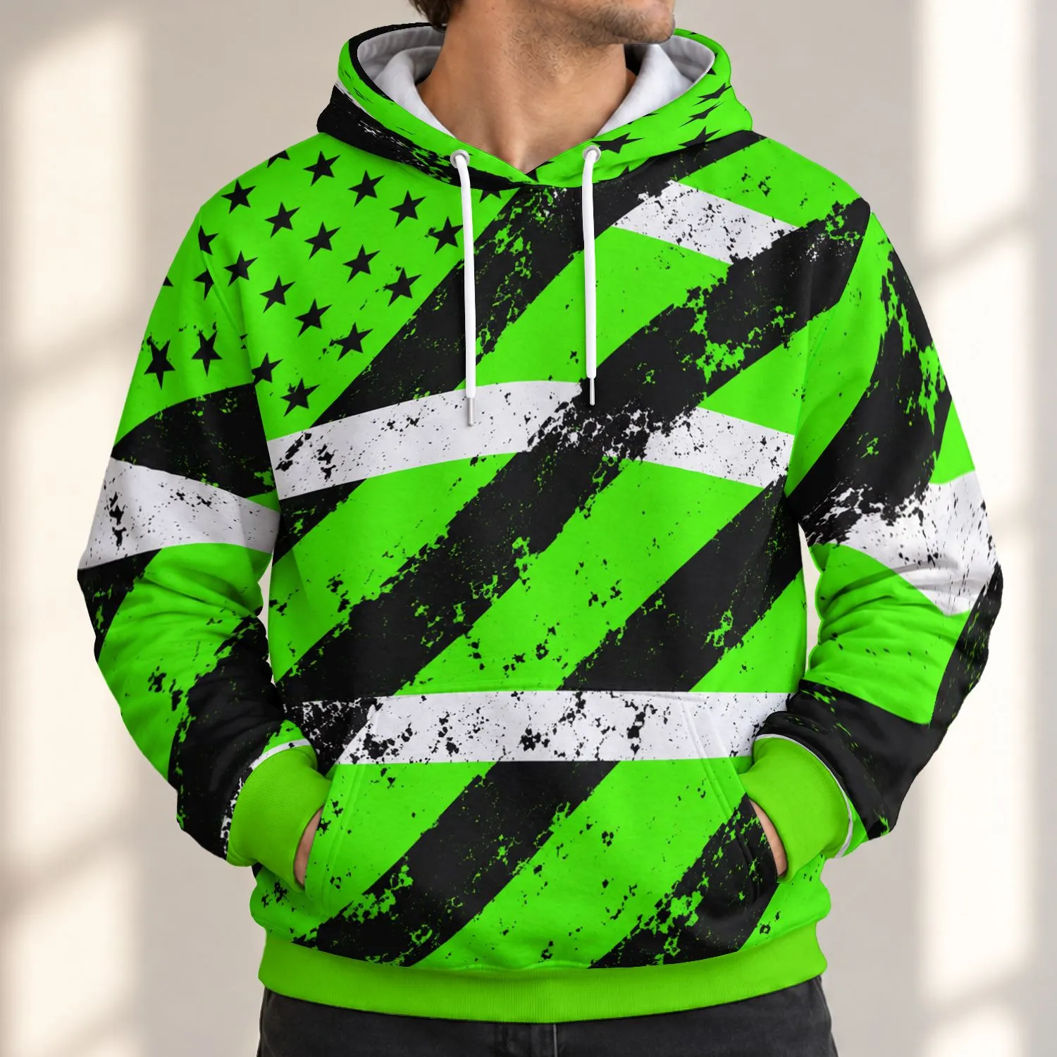 Neon Green Star Field and Distressed Stripes for Bold Outdoor Workwear Everyday Style All-over Print Hoodie (Lightweight) - 1