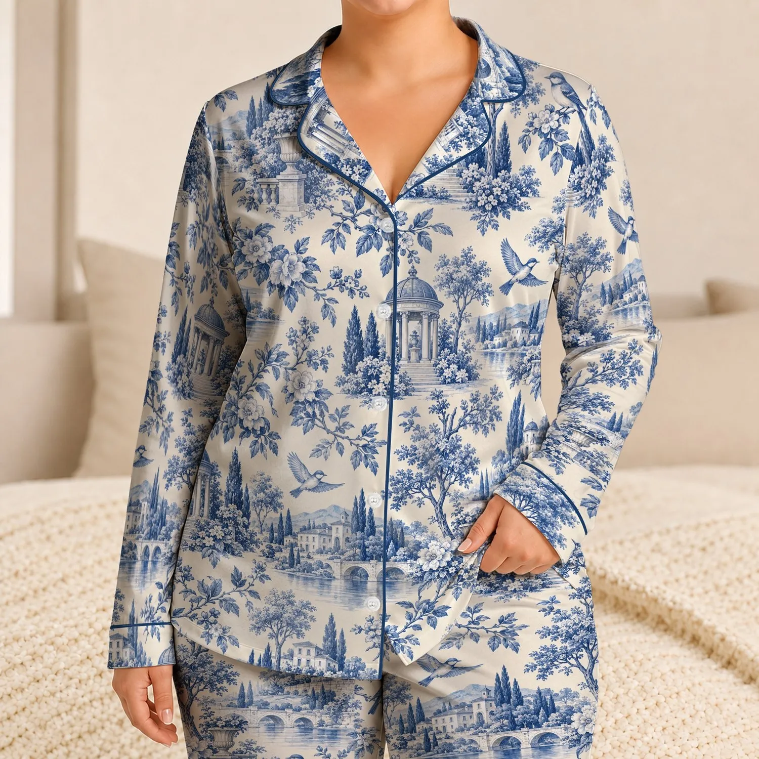 Blue Toile Garden Scenes for Quiet French-Inspired Evenings and Relaxed At-Home Living Satin Pajamas Set - 1