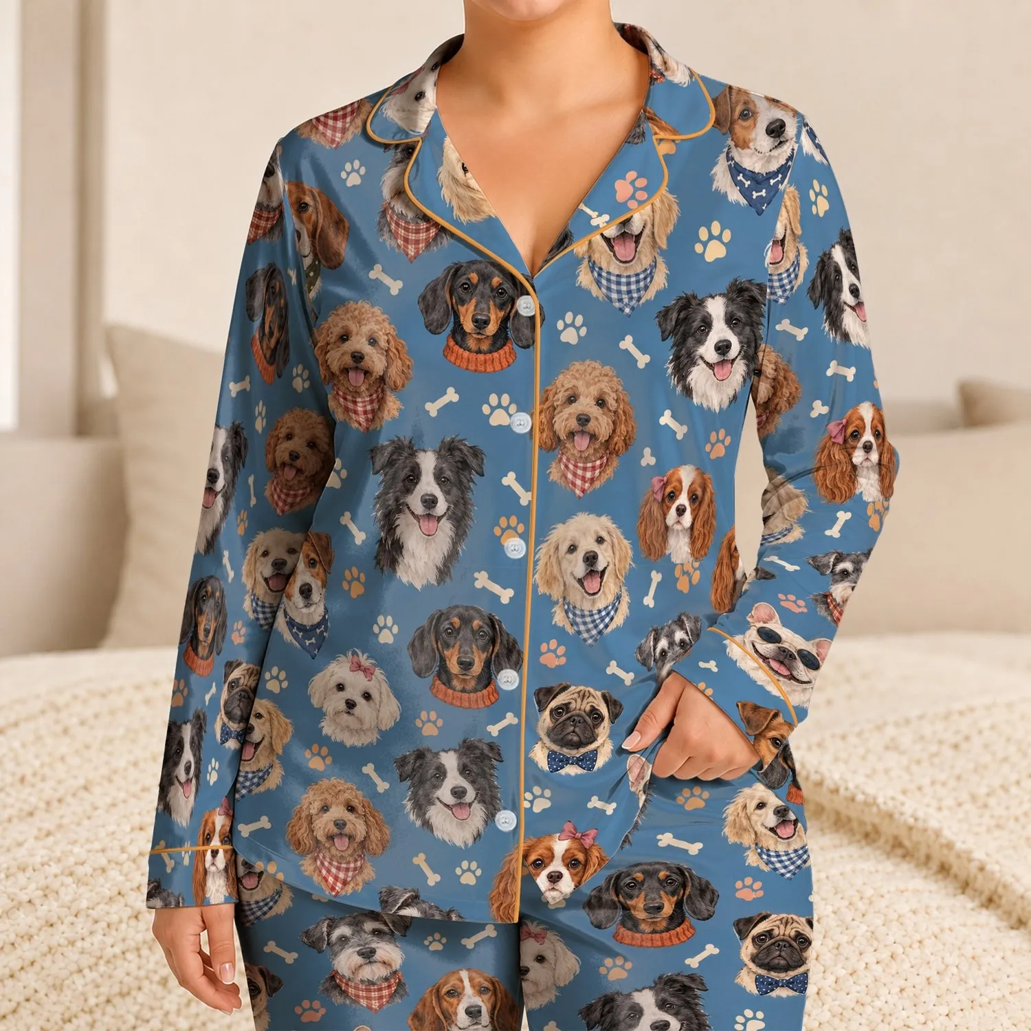 Whimsical Dog Faces for Cozy Lounging and Relaxed Weekends, Gift for Women Dog Lovers Satin Pajamas Set - 1