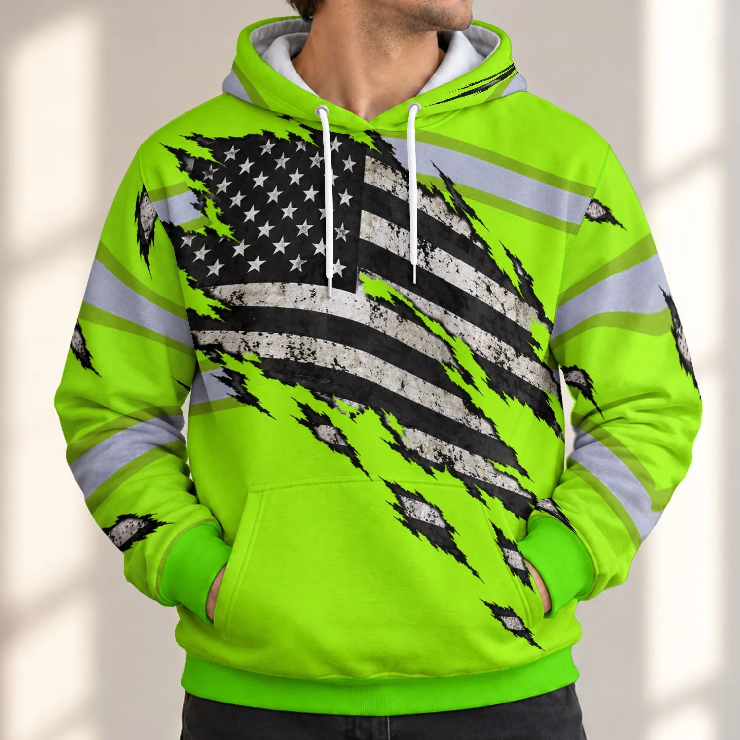Neon Green Torn American Flag Workwear for Outdoor Jobs and Weekend Adventures All-over Print Hoodie (Lightweight) - 1