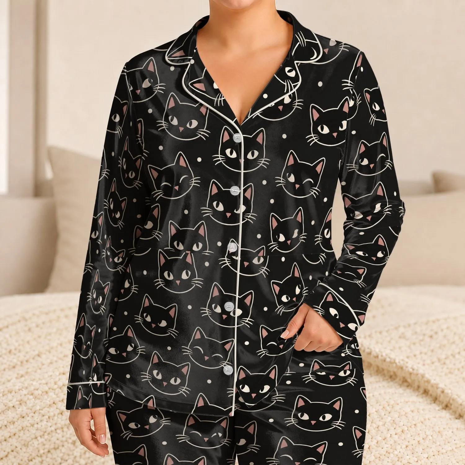 Playful Black Cat Faces for Cozy Spring Nights and Relaxed Home Lounging for Cat Lovers Satin Pajamas Set - 1
