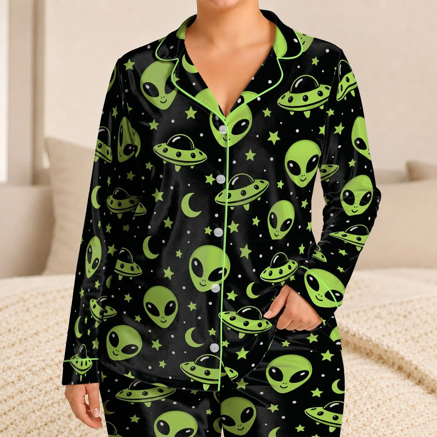 Lime Green Alien UFO Night Sky for Cozy Movie Nights and Playful Lounging Satin Pajamas Set - 1