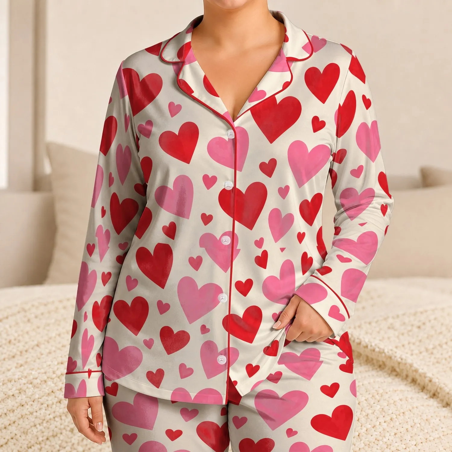 Red and Pink Heart Motifs for Cozy Valentine's Morning Lounging and Sweet Gifts for Her Satin Pajamas Set - 1
