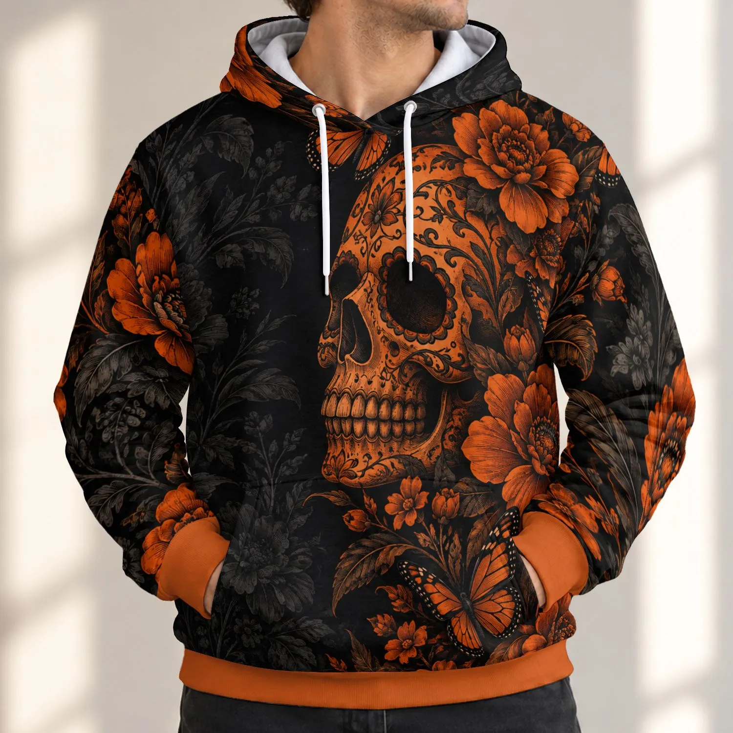 Orange Sugar Skull Butterflies And Florals For Gothic Festival Weekend Outings All-over Print Hoodie (Lightweight) - 1