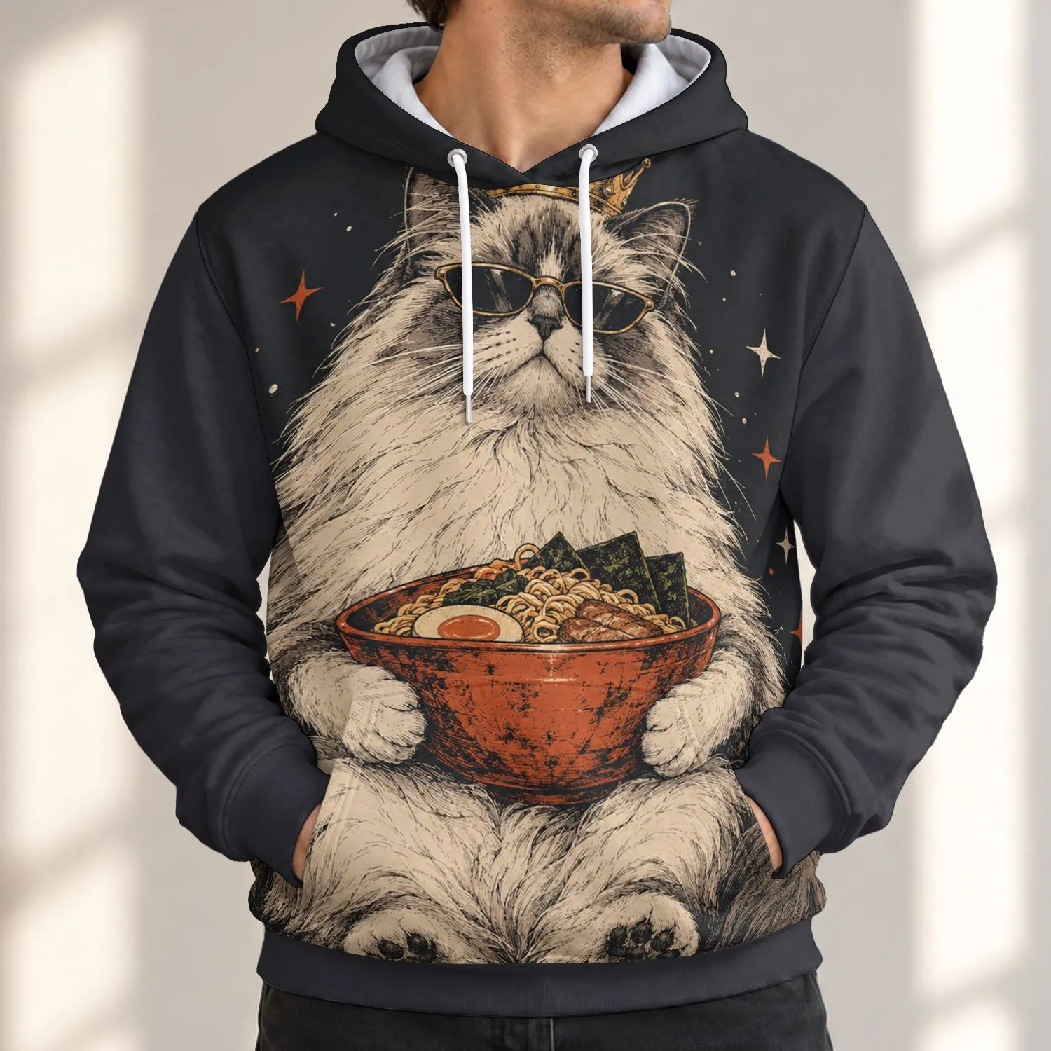 Crowned Cat With Orange Bowl For Whimsical Fantasy Fans And Cozy Everyday Wear All-over Print Hoodie (Lightweight) - 1