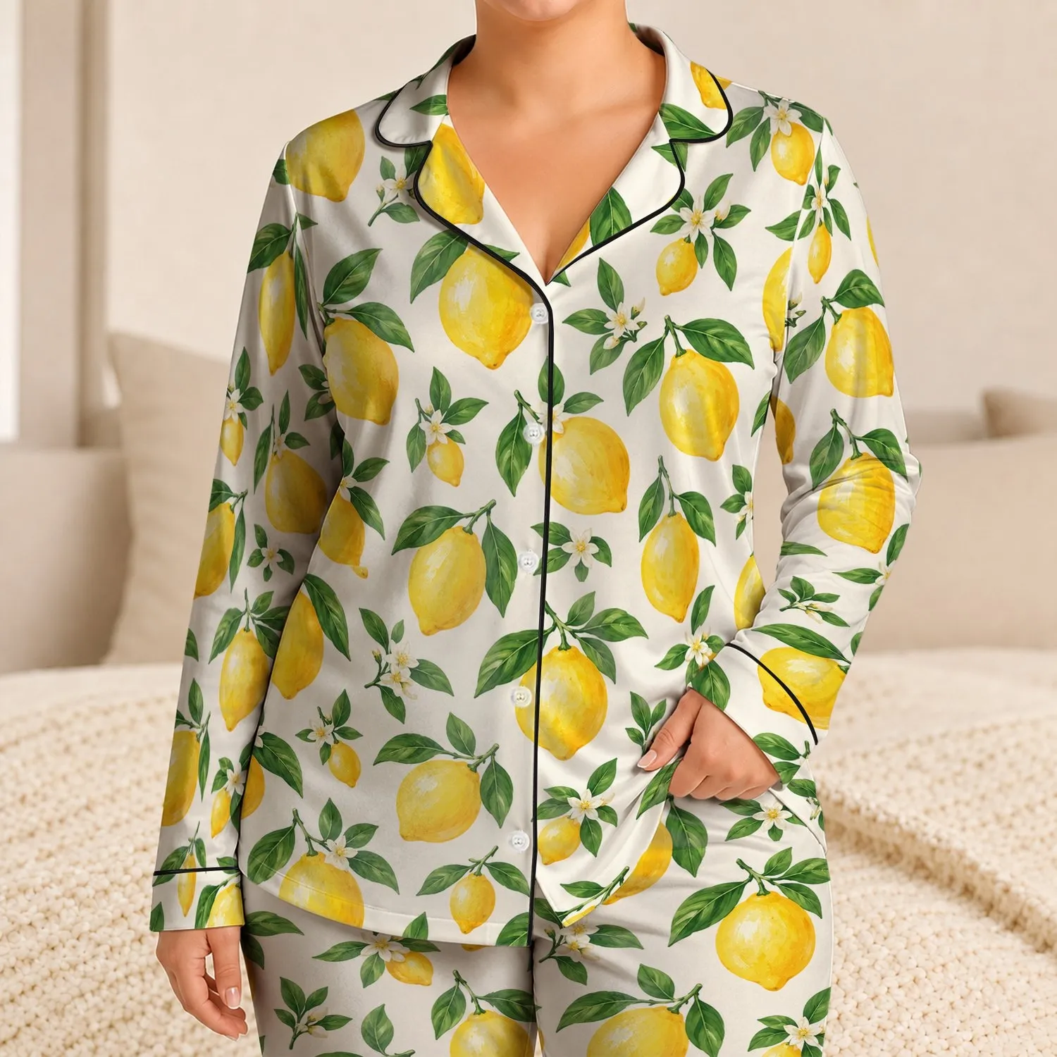 Golden Lemon Grove Motif for Sunny Summer Lounging and Relaxed Weekend Mornings Satin Pajamas Set - 1