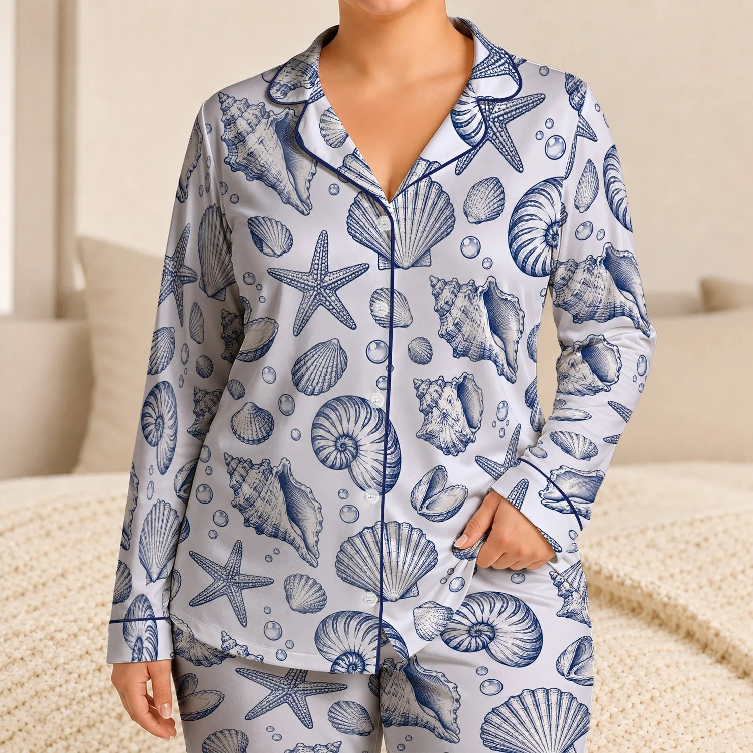 Navy Seashells and Starfish for Relaxed Coastal Getaways and Easy Summer Lounging Satin Pajamas Set - 1