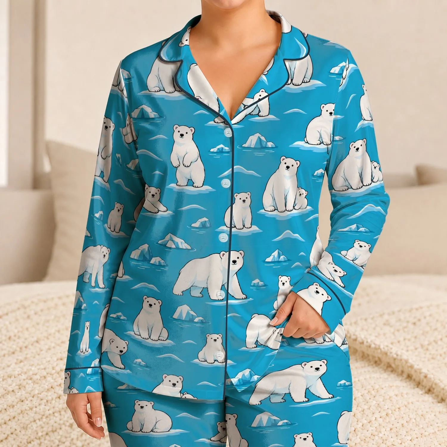 Ice Blue Polar Bear Motifs for Cozy Arctic Summer Lounging and Relaxed Evenings at Home Satin Pajamas Set - 1