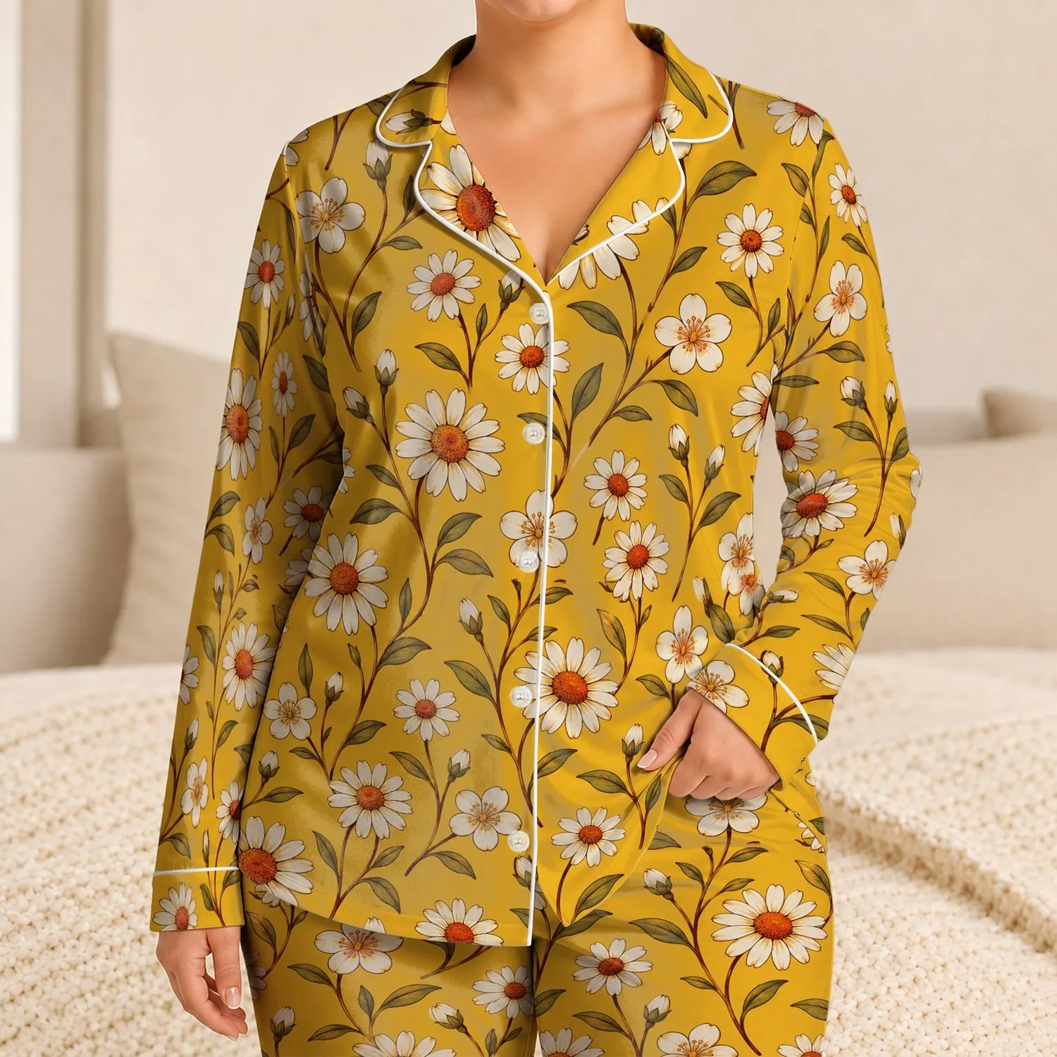 Turmeric Gold Daisies and Wildflowers for Sunny Summer Mornings and Cozy Evenings Satin Pajamas Set - 1