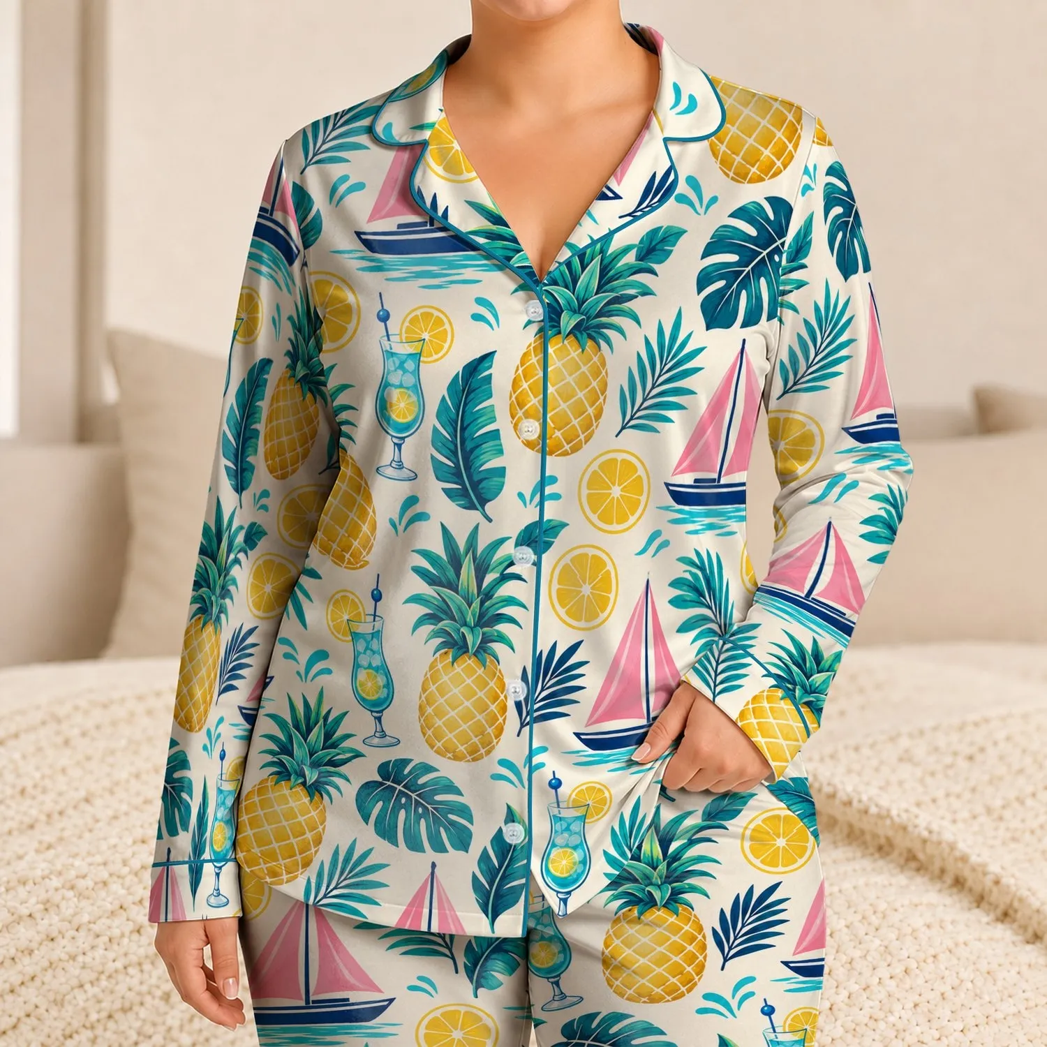 Pineapples, Citrus And Sailboats For Cheerful Coastal Summer Holiday Escapes Together Satin Pajamas Set - 1