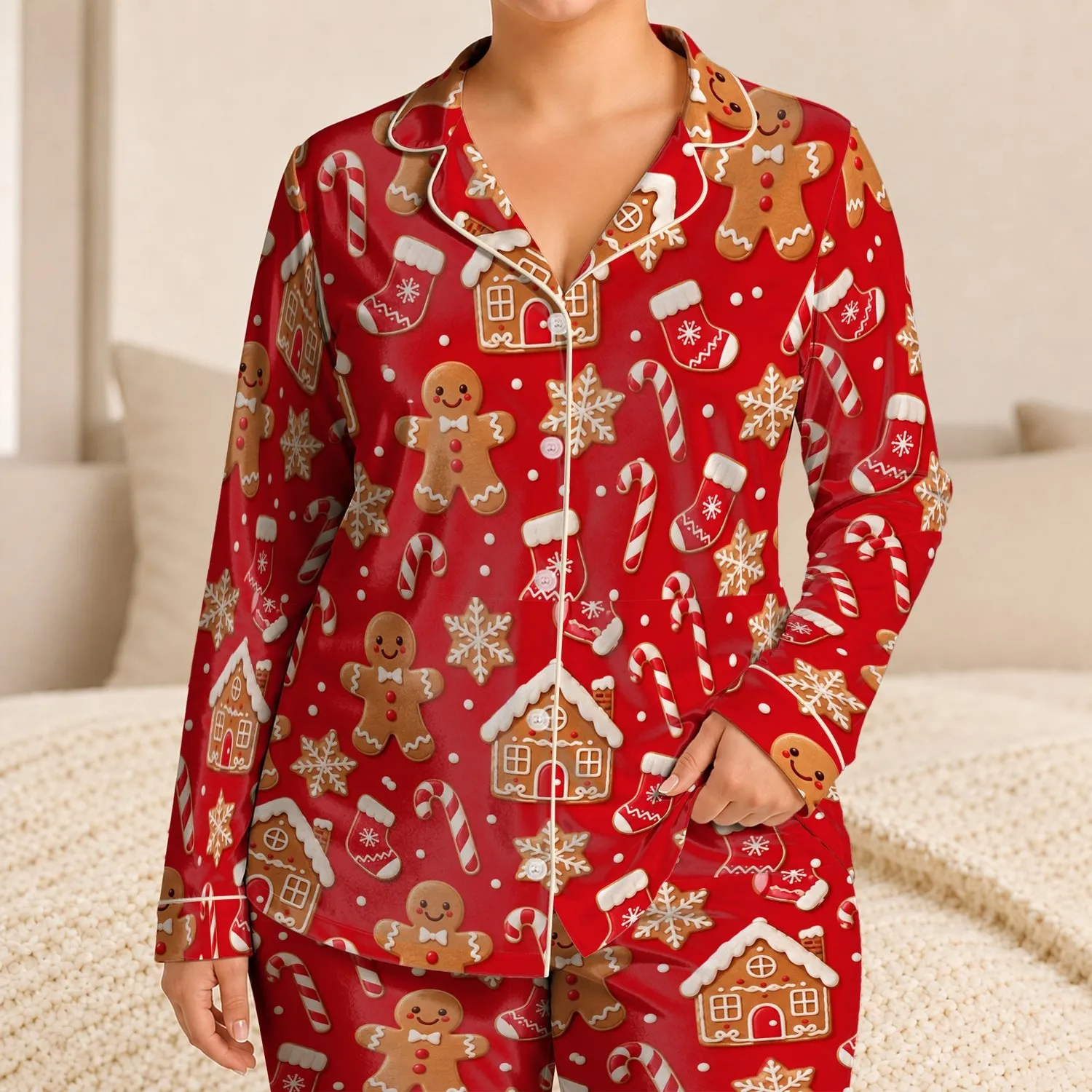 Gingerbread Men and Candy Canes for Cozy Christmas Holiday Mornings Satin Pajamas Set - 1