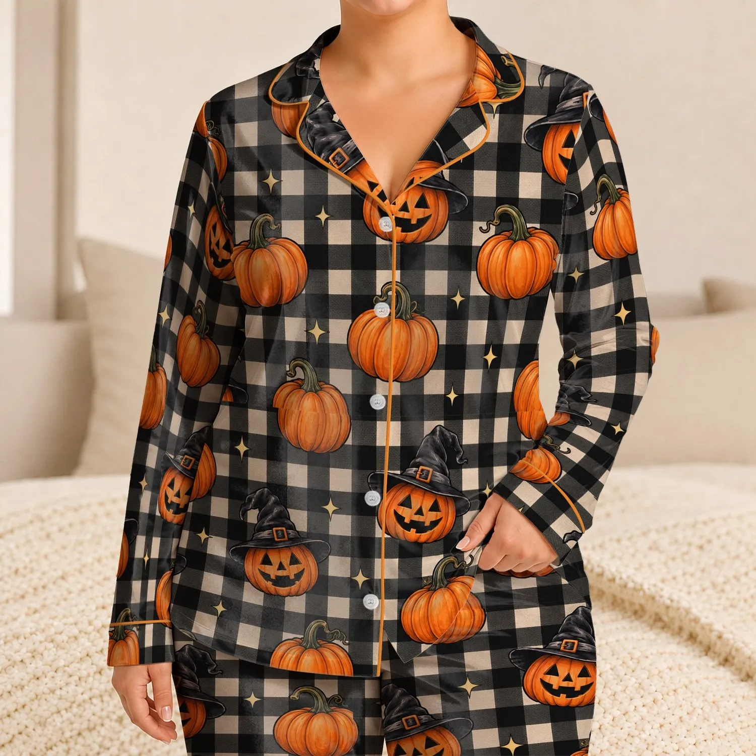 Pumpkin and Witch Hat Checks for Cozy Halloween Nights and Autumn Lounging Satin Pajamas Set - 1