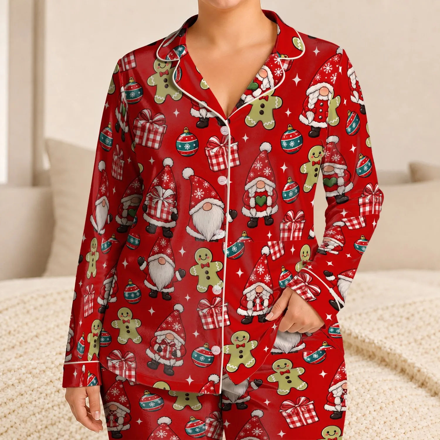 Gingerbread Friends and Christmas Gnomes for Cozy Holiday Cheer Satin Pajamas Set - 1