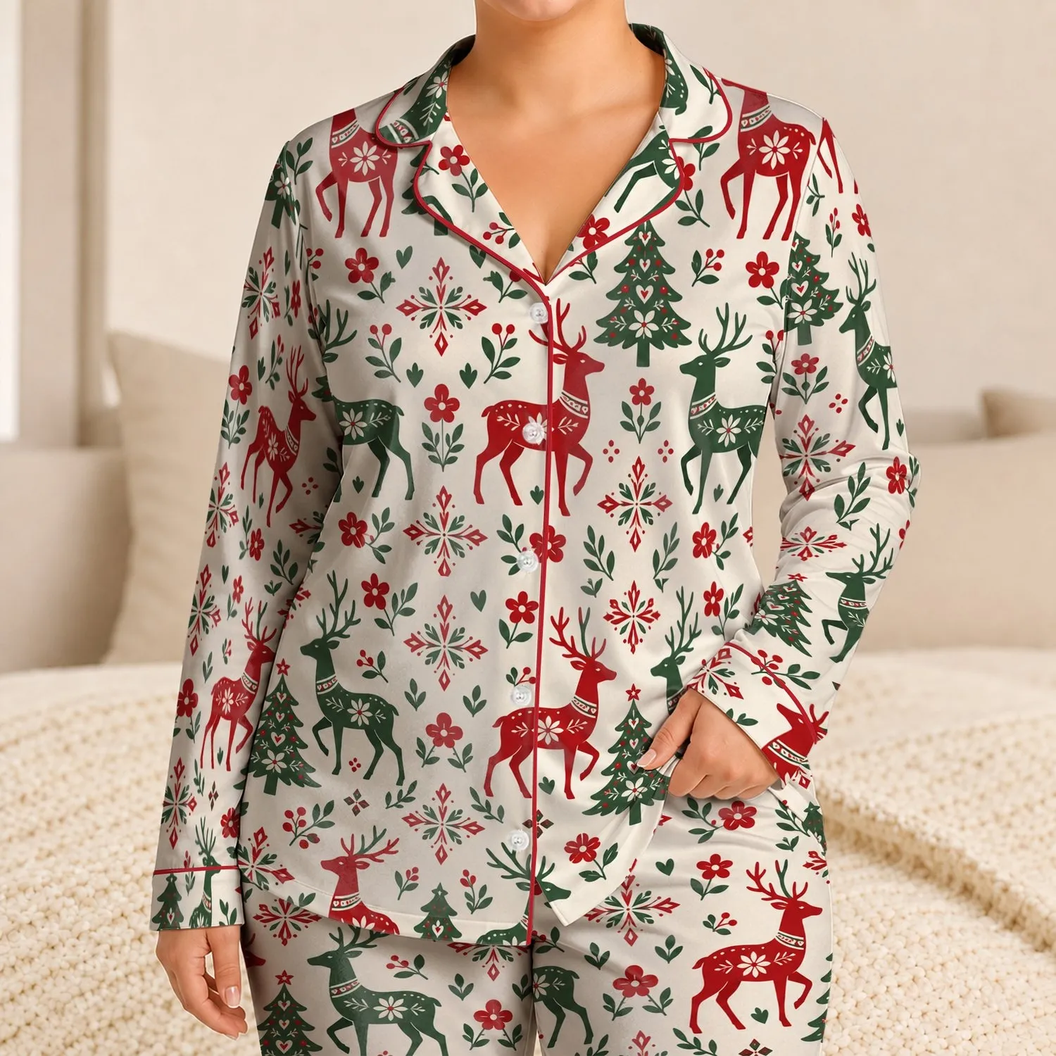 Red Reindeer and Evergreen Trees for Cozy Christmas Mornings and Winter Gifting Satin Pajamas Set - 1